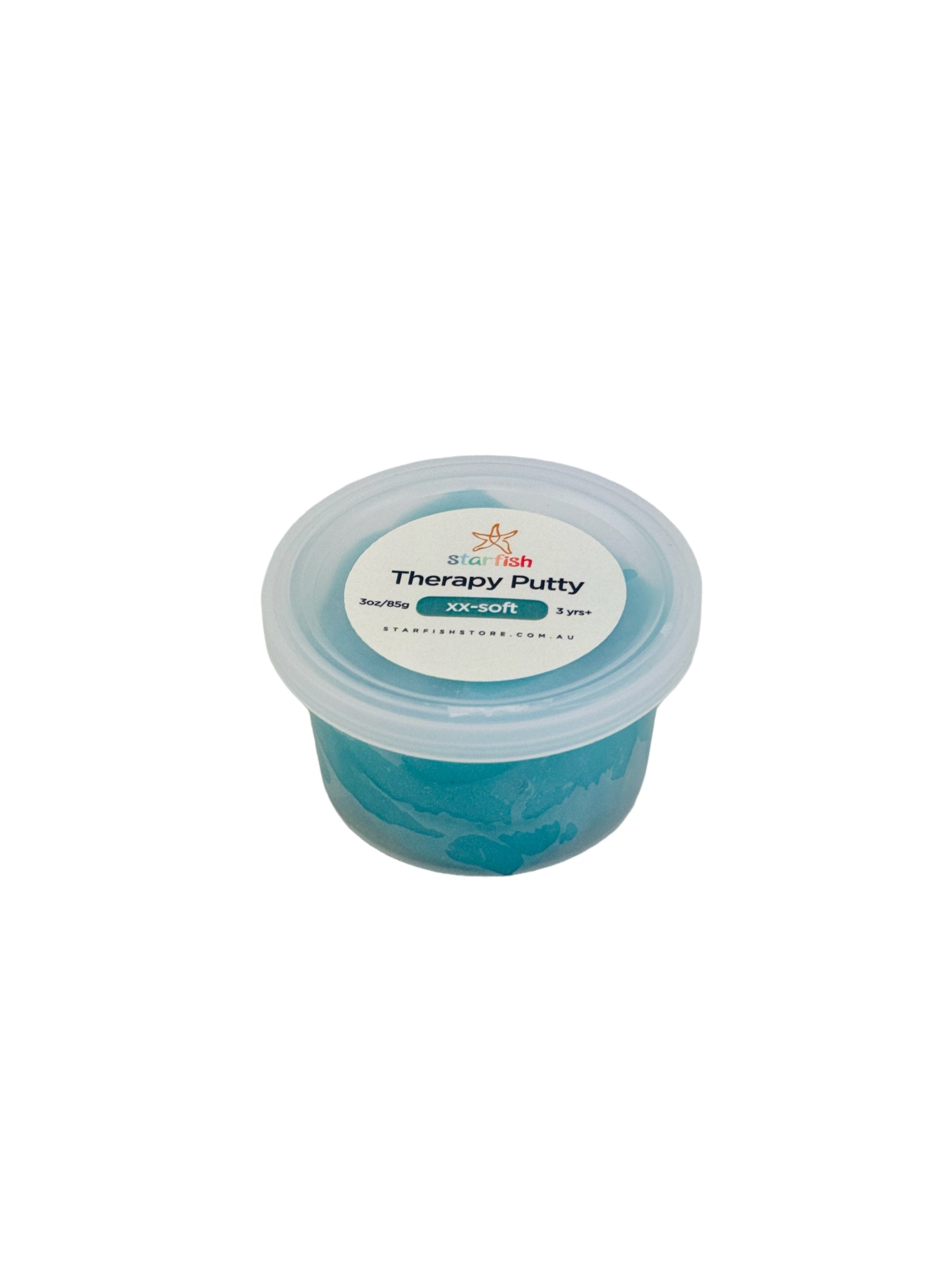 A small round plastic tub of blue therapy putty with a clear lid and a white label reading 'Therapy Putty' on a plain white background.
