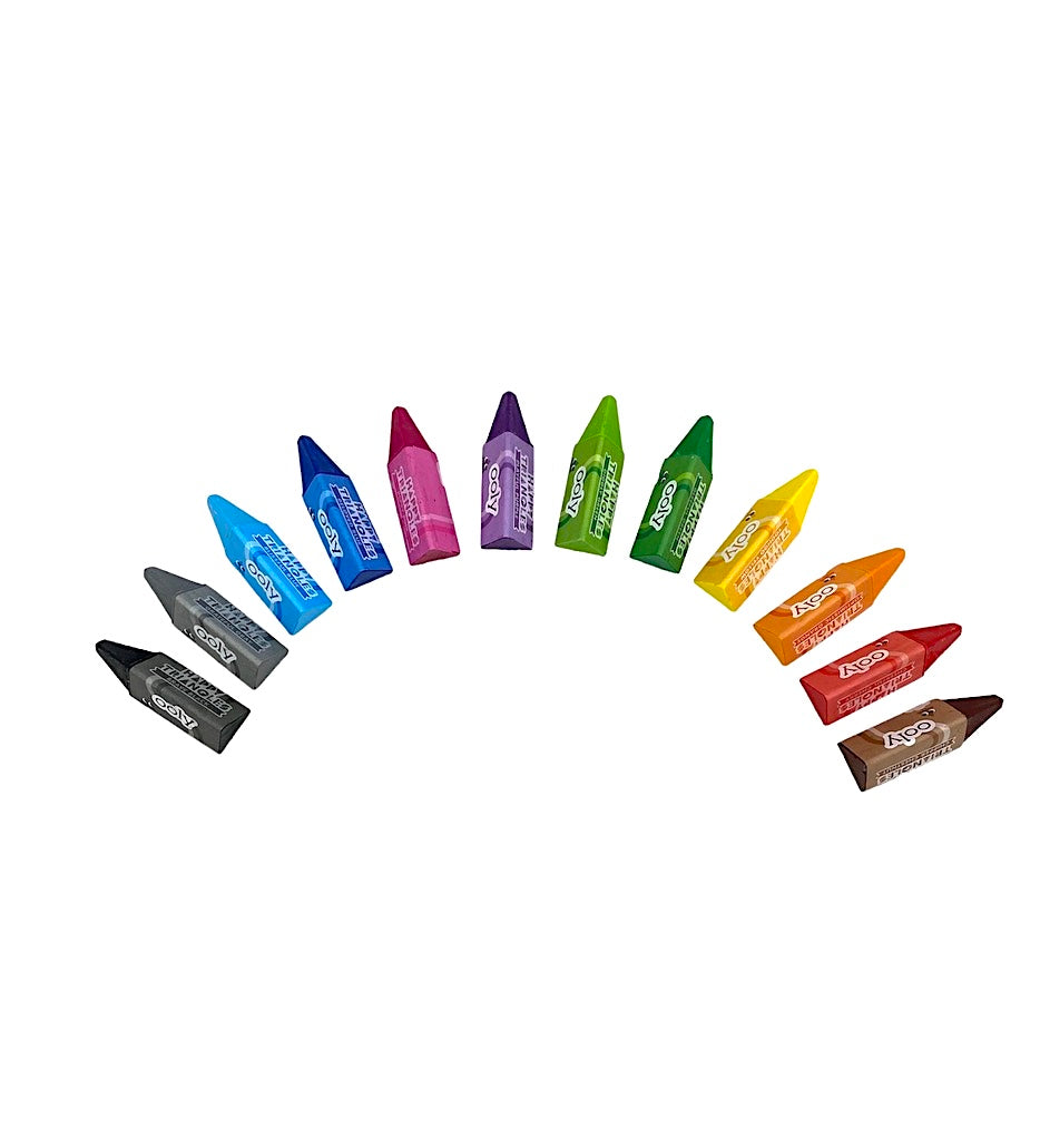 the Ooly Happy Triangles Jumbo Crayons on display like a rainbow