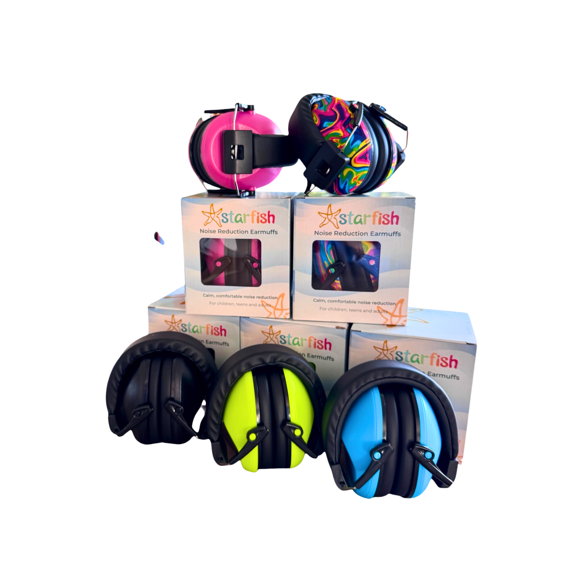 A set of Starfish brand noise reduction earmuffs displayed with their retail boxes on a plain white background. The image shows multiple color options: black, neon yellow-green, and light blue, plus one pair with a colorful rainbow pattern.