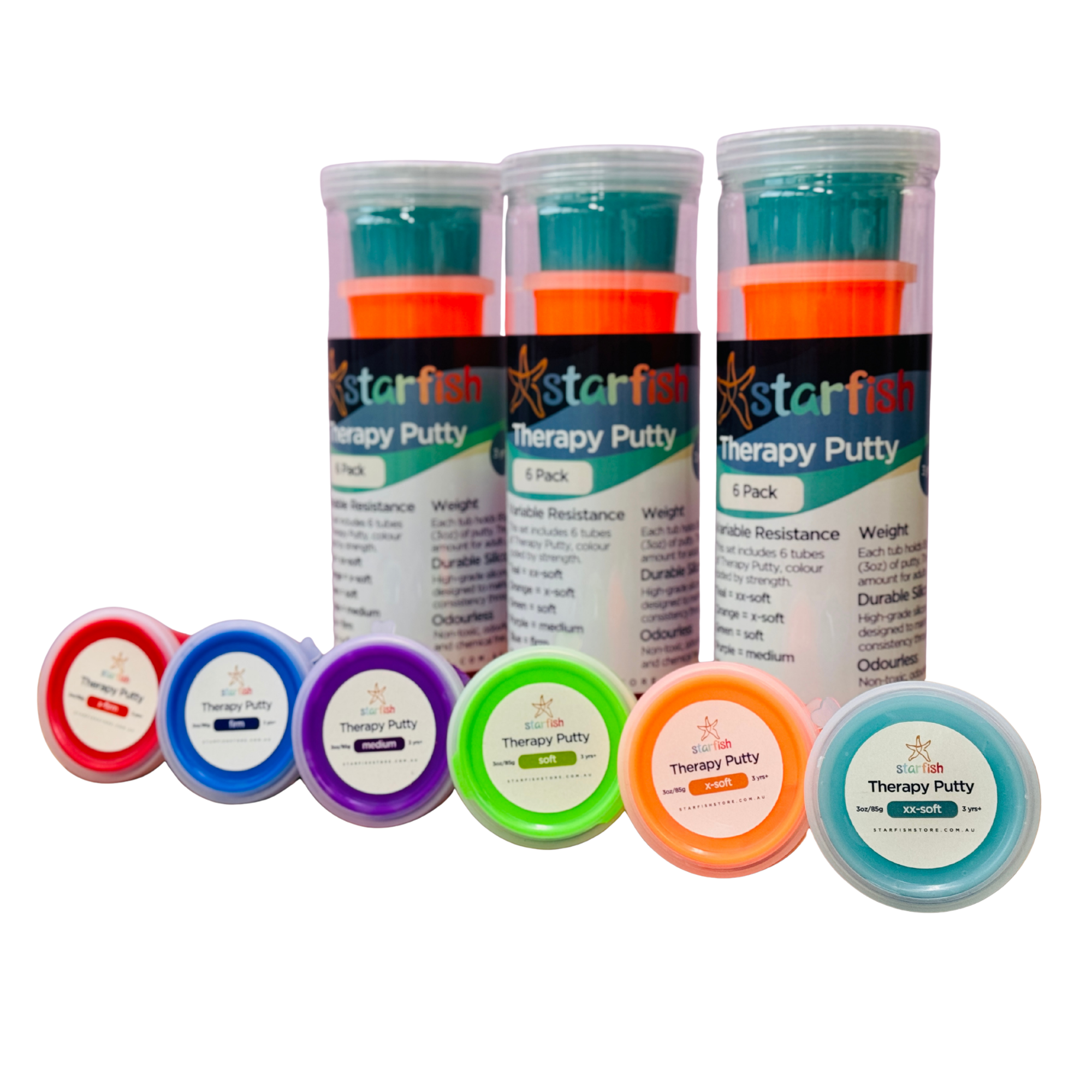 A 6-pack of Starfina Therapy Putty in various vibrant colors, including red, blue, purple, green, orange, and light blue, shown with their clear plastic packaging and colored lids arranged in front of three larger tubes.