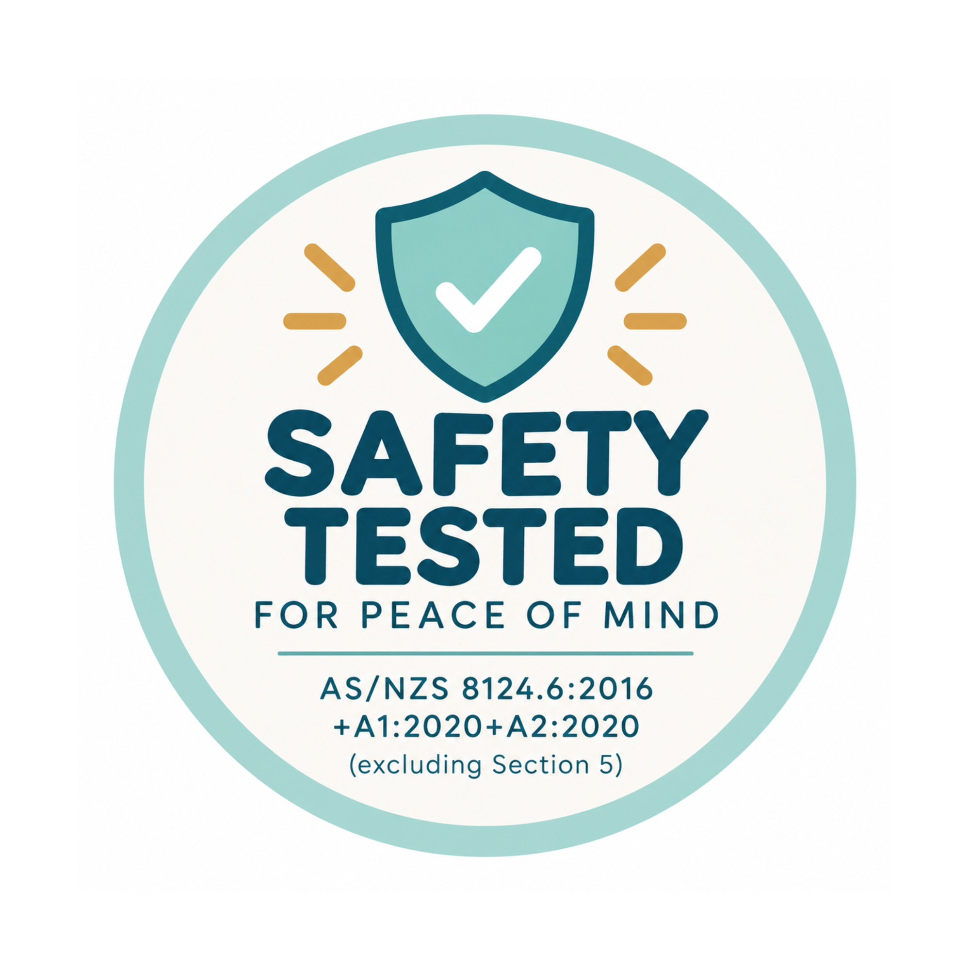 A circular graphic badge with a teal shield icon and the text 'SAFETY TESTED FOR PEACE OF MIND' plus regulatory text below, shown on a plain white background.