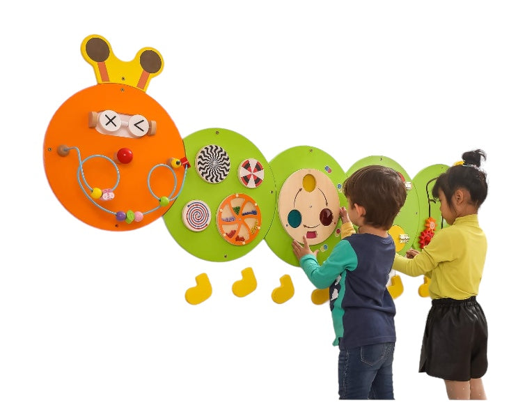 two children playign with the VIGA Interactive Wall Mural Caterpillar pictured on a white background