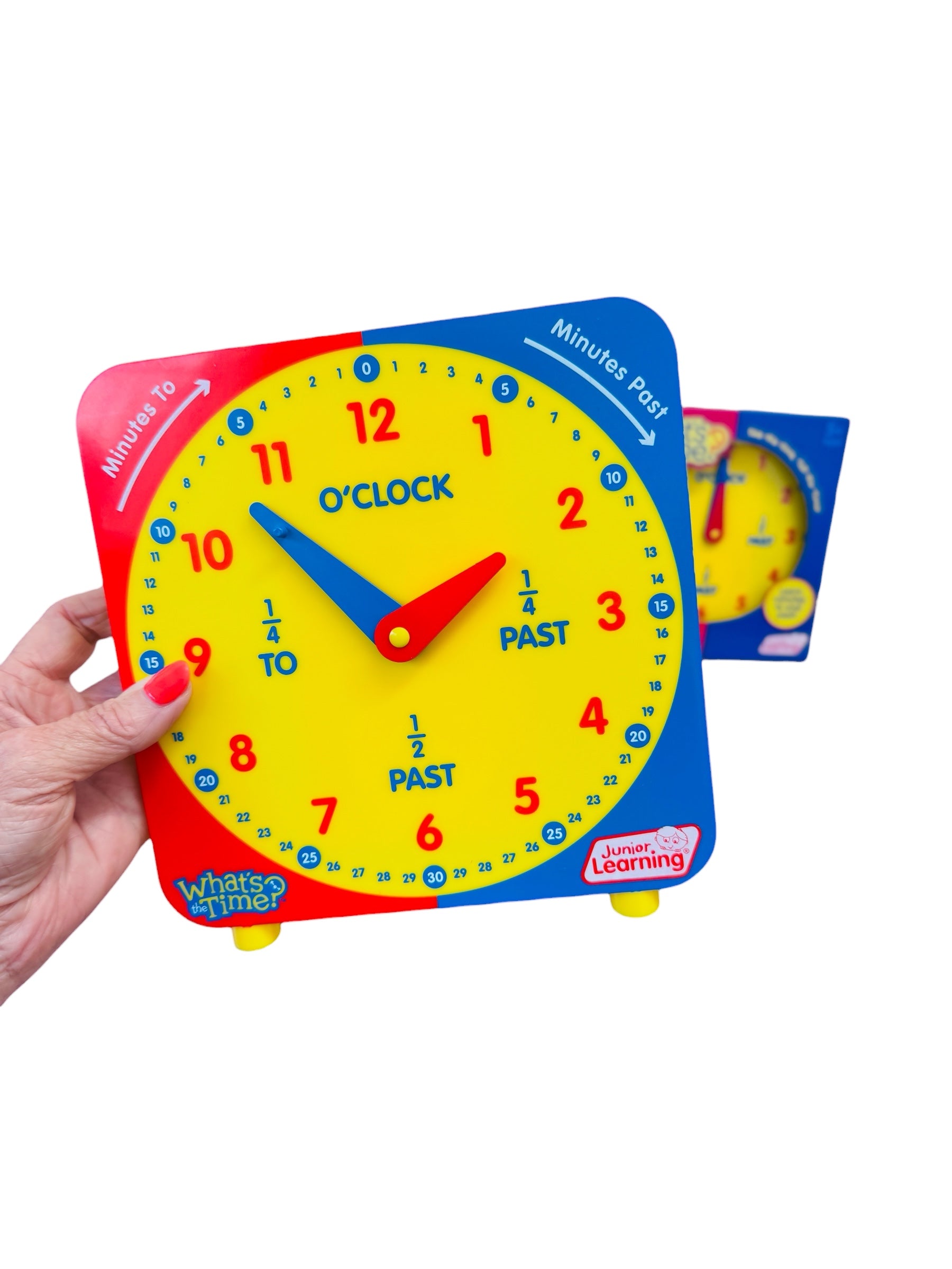 A hand holding the Geared Visual Learning Clock from Junior Learning