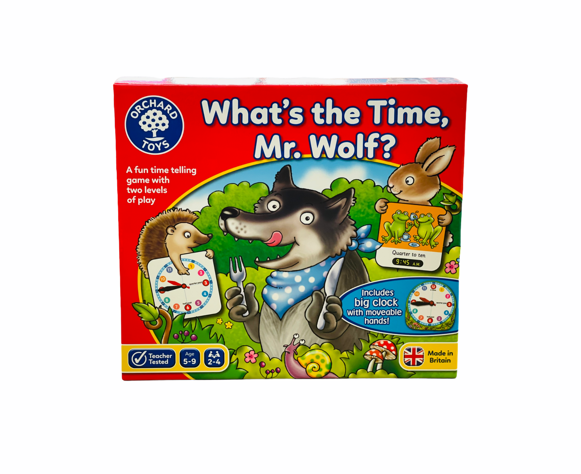 Orchard Whats the Time Mr Wolf? packaging box showing wolf holding knife and fork
