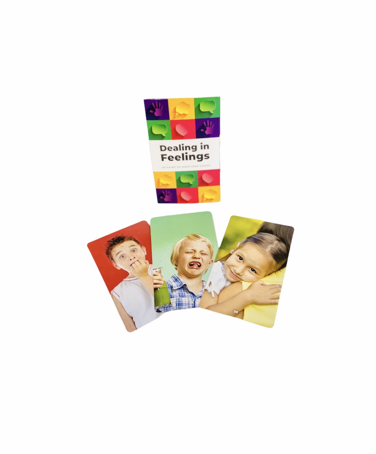 Dealing in Feelings Cards packet with 3 cards laid out in front on white background