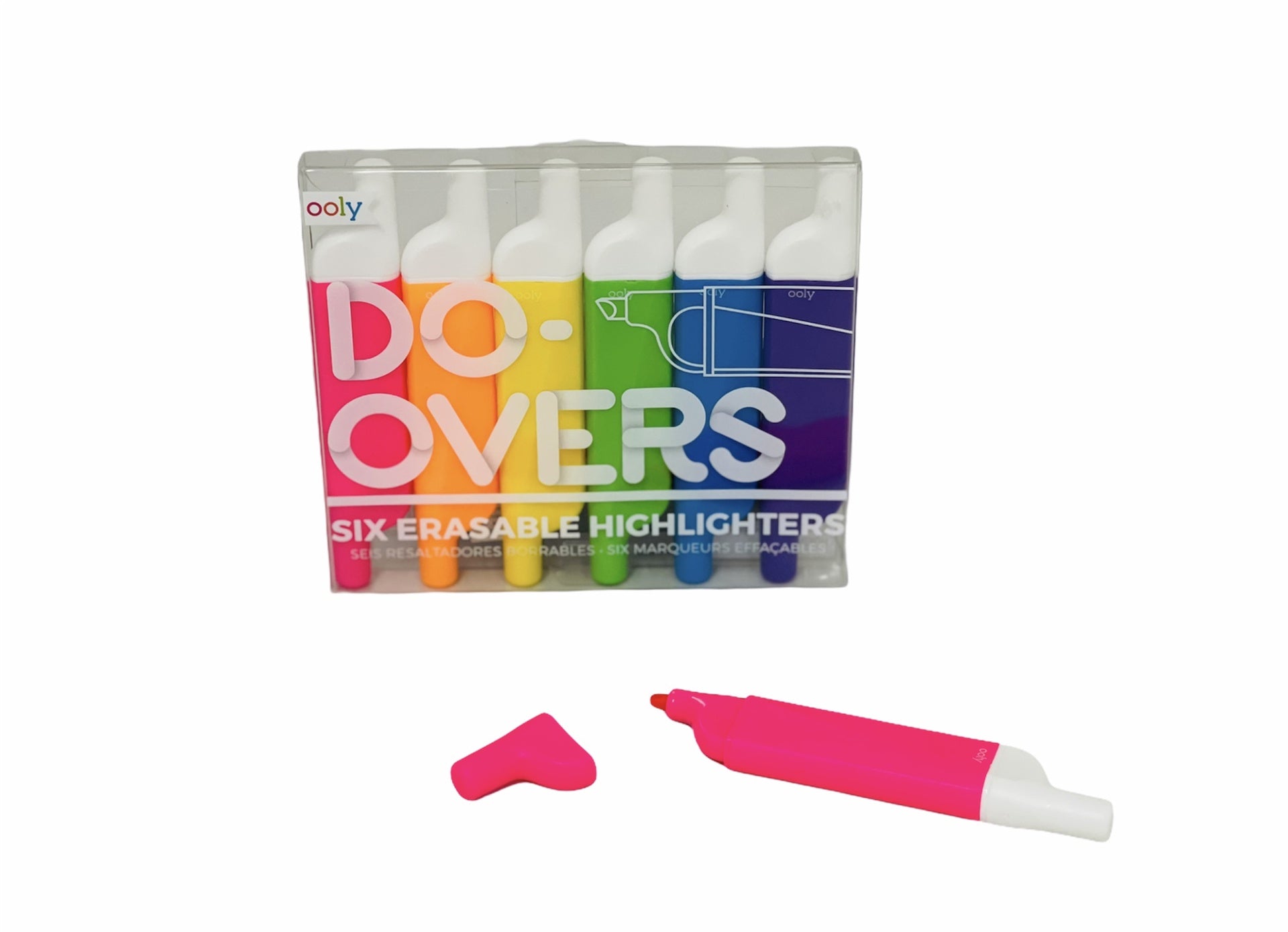 Do-Overs Erasable Highlighters in packaging with pink highlighter with lid off lying in front on white background