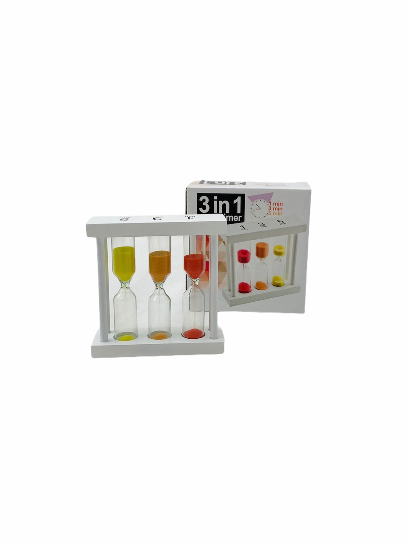 3-in-1 Sand Timer next to packaging on white background