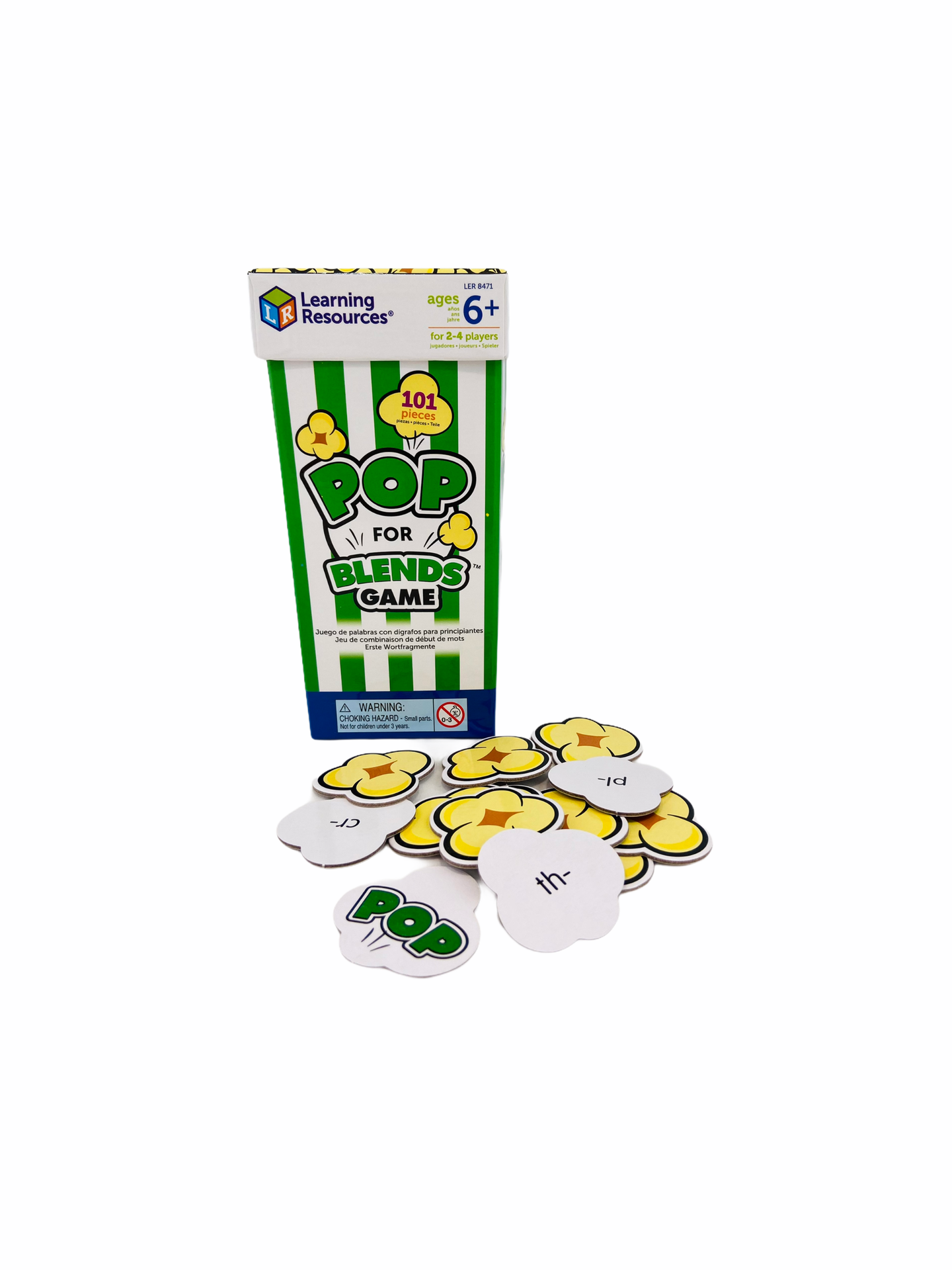 Learning Resources Pop for Blends Game on display with popcorn cards in front of green and white packaging box