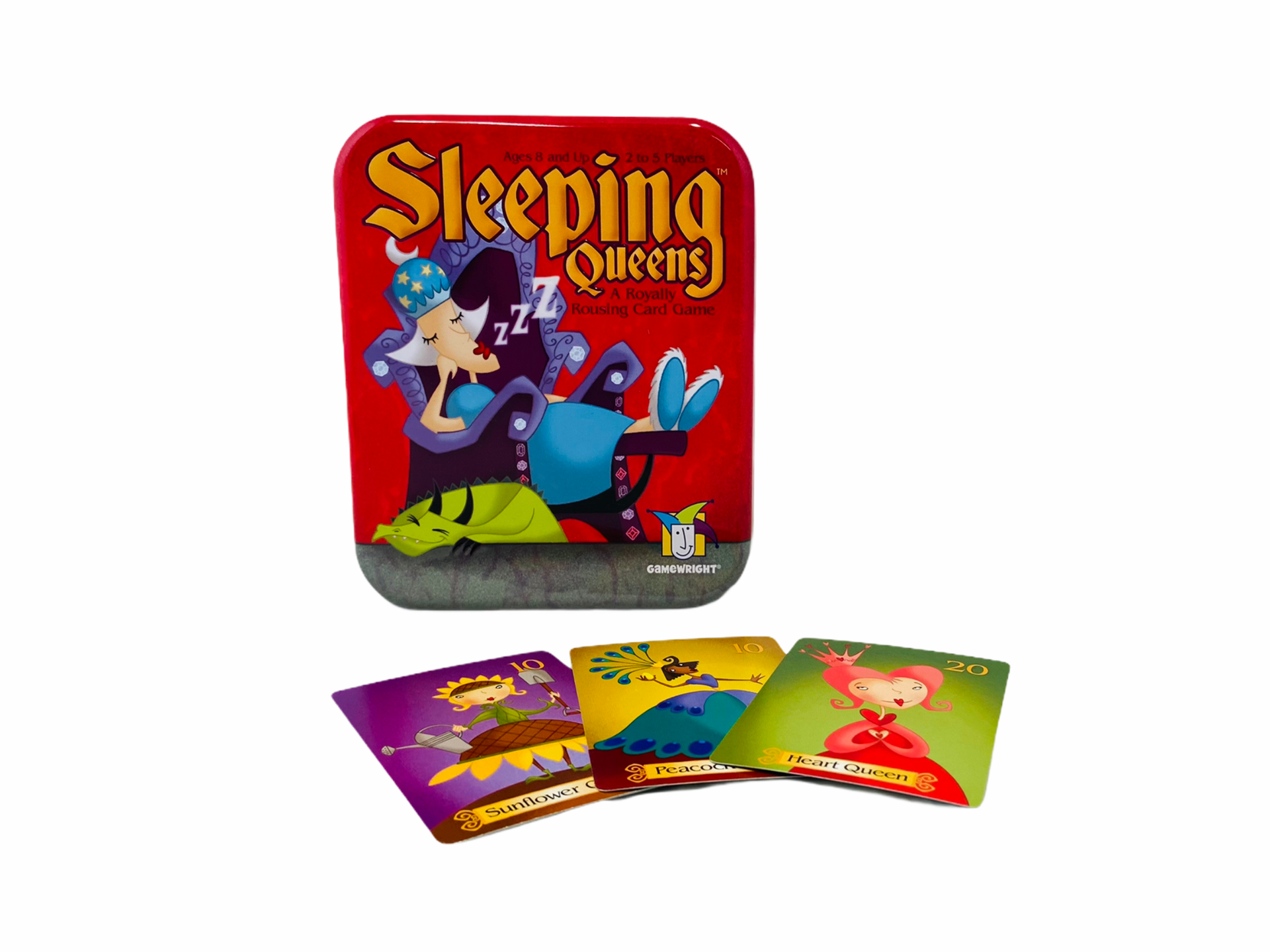 Sleeping Queens Anniversary Edition tin with 3 game play cards laid out in front on white background