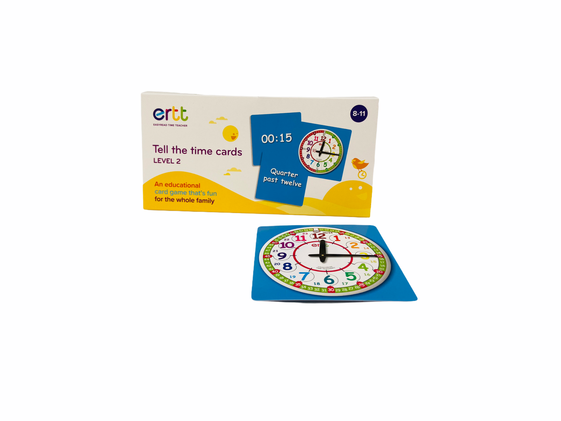 the ERTT Tell The Time Cards - Level 2 on display with blue card in front of box