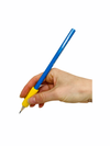 Hand holding blue pencil with TPG Foam Pencil Grip on white background