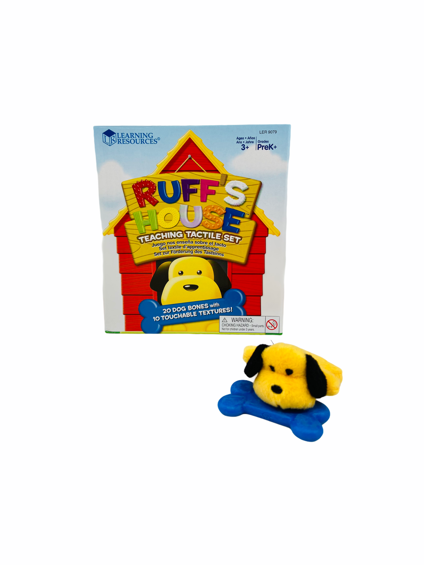 Ruff's House Teaching Tactile Set with Ruff the dog laying outside his house with a blue bone on white background