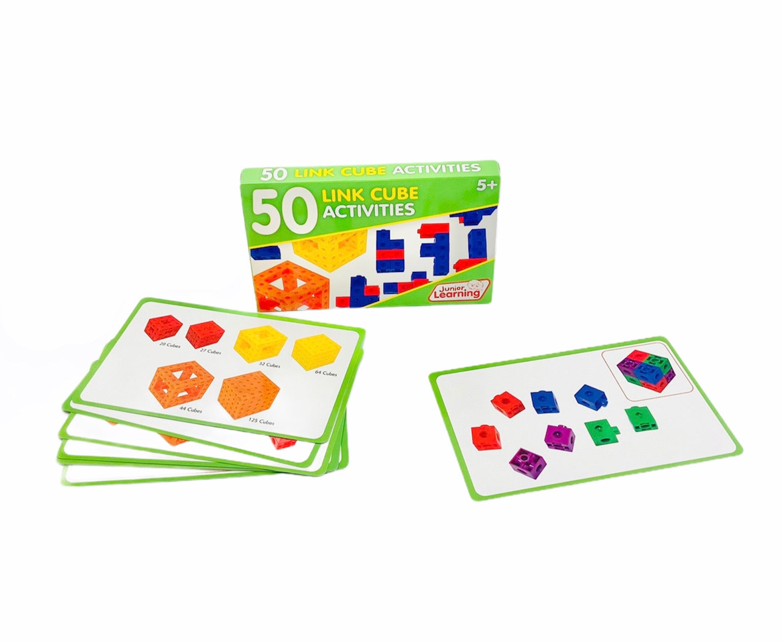 50 Link Cube Activities Cards laid out in front of packaging with white background