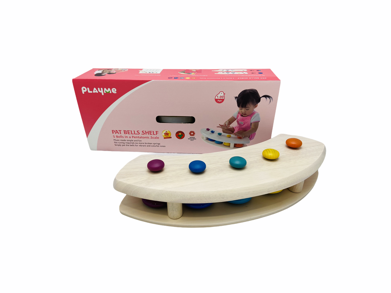 Playme Pat Bells Shelf in front of box with white background
