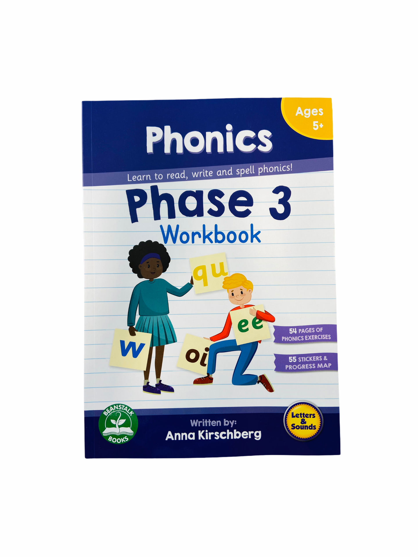 Phase 3 Workbook - Phonics with blue boarders showing girl and boy holding up letters