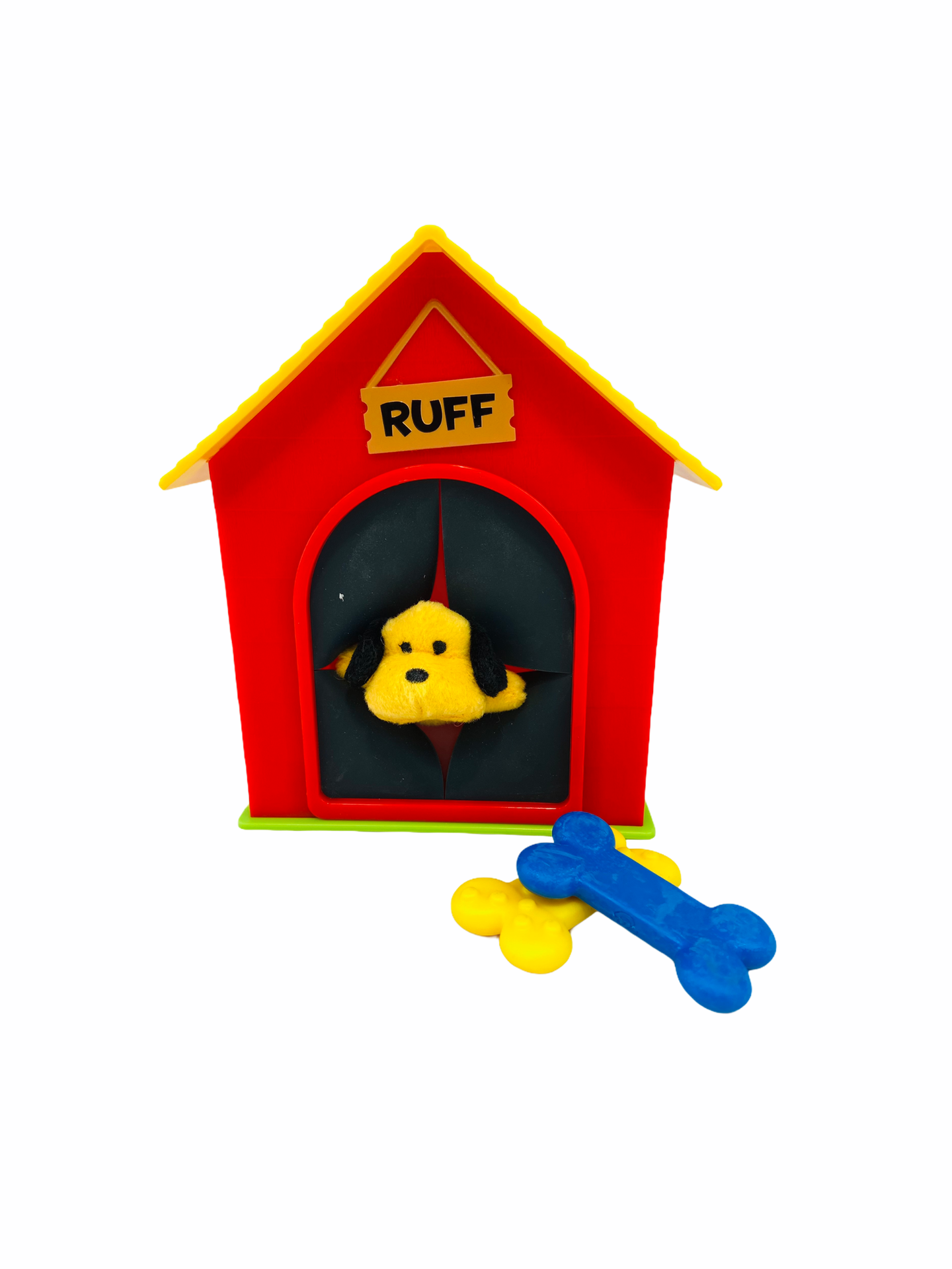 the red kennel with a yellow and blue bone from the Ruff&#39;s House Teaching Tactile Set