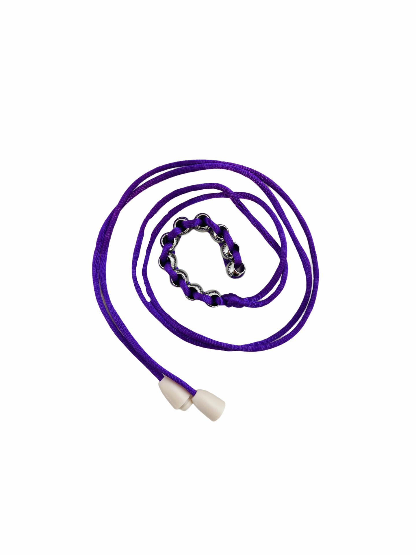 Kaiko Caterpillar Necklace - Purple laid out in a swirl pattern on white background