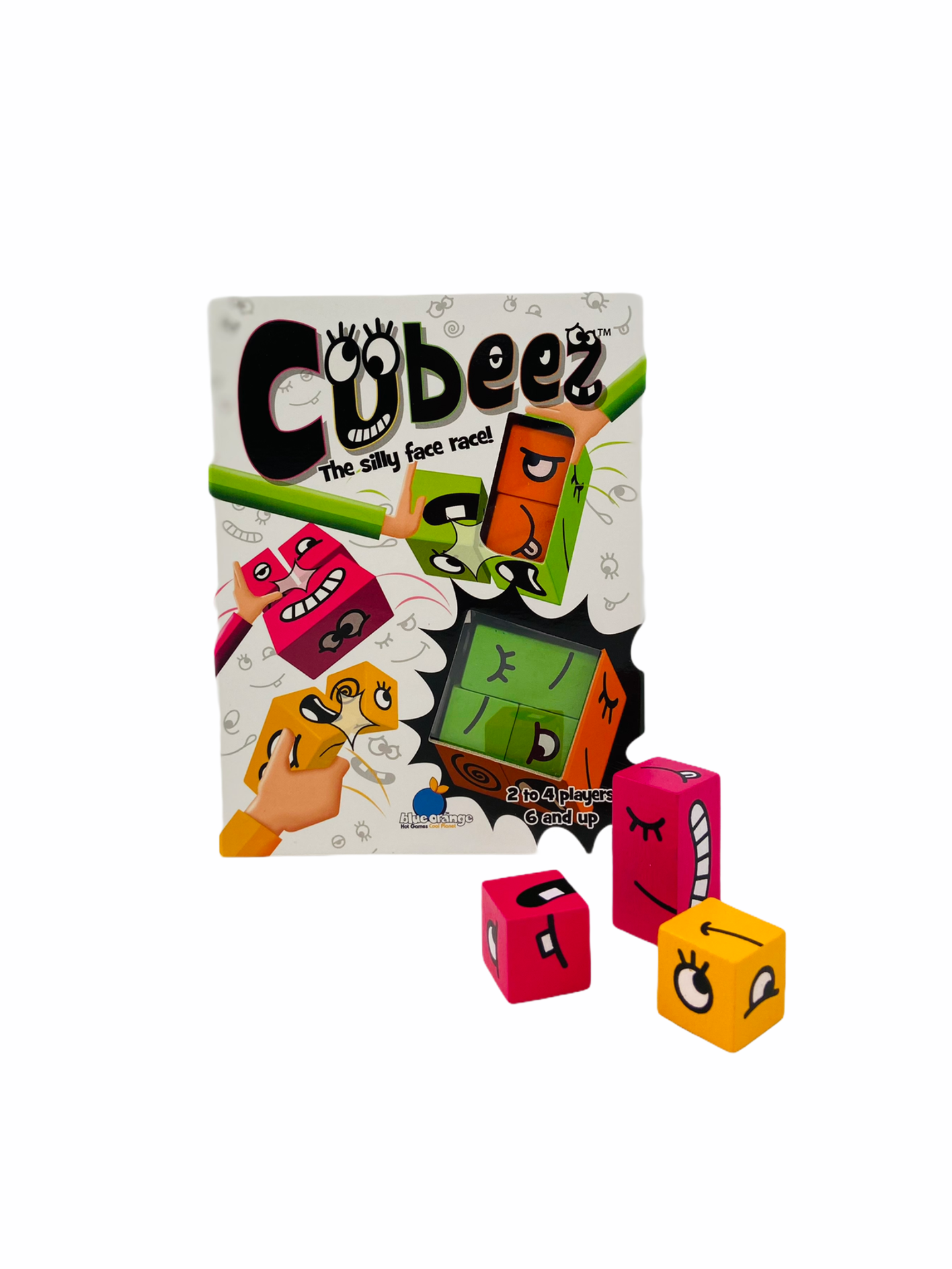 Blue Orange Cubeez Game packaging box with 3 coloured face cubes laid out in font in red, pink and yellow on white back ground