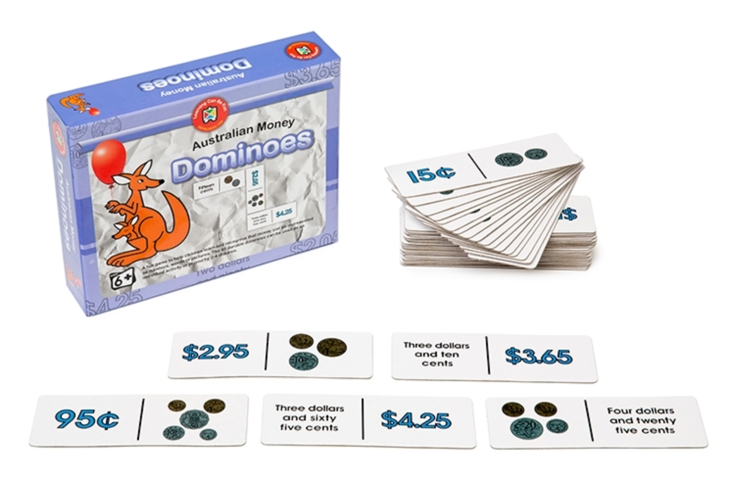 Australian Money Dominoes with domino cards laid out on display in front of packaging box on white background