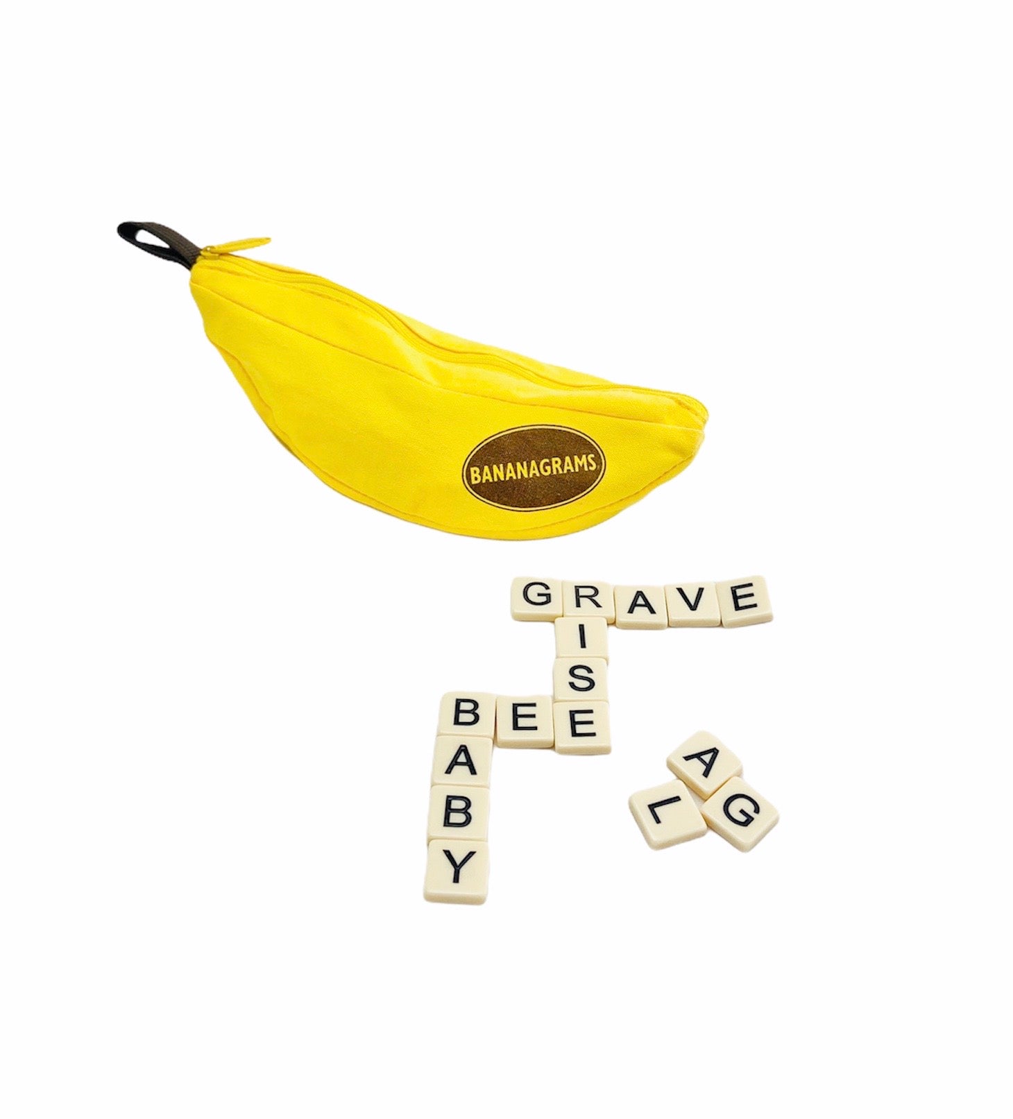 Bananagrams with banana case and tiles displayed in a word grip on a white background