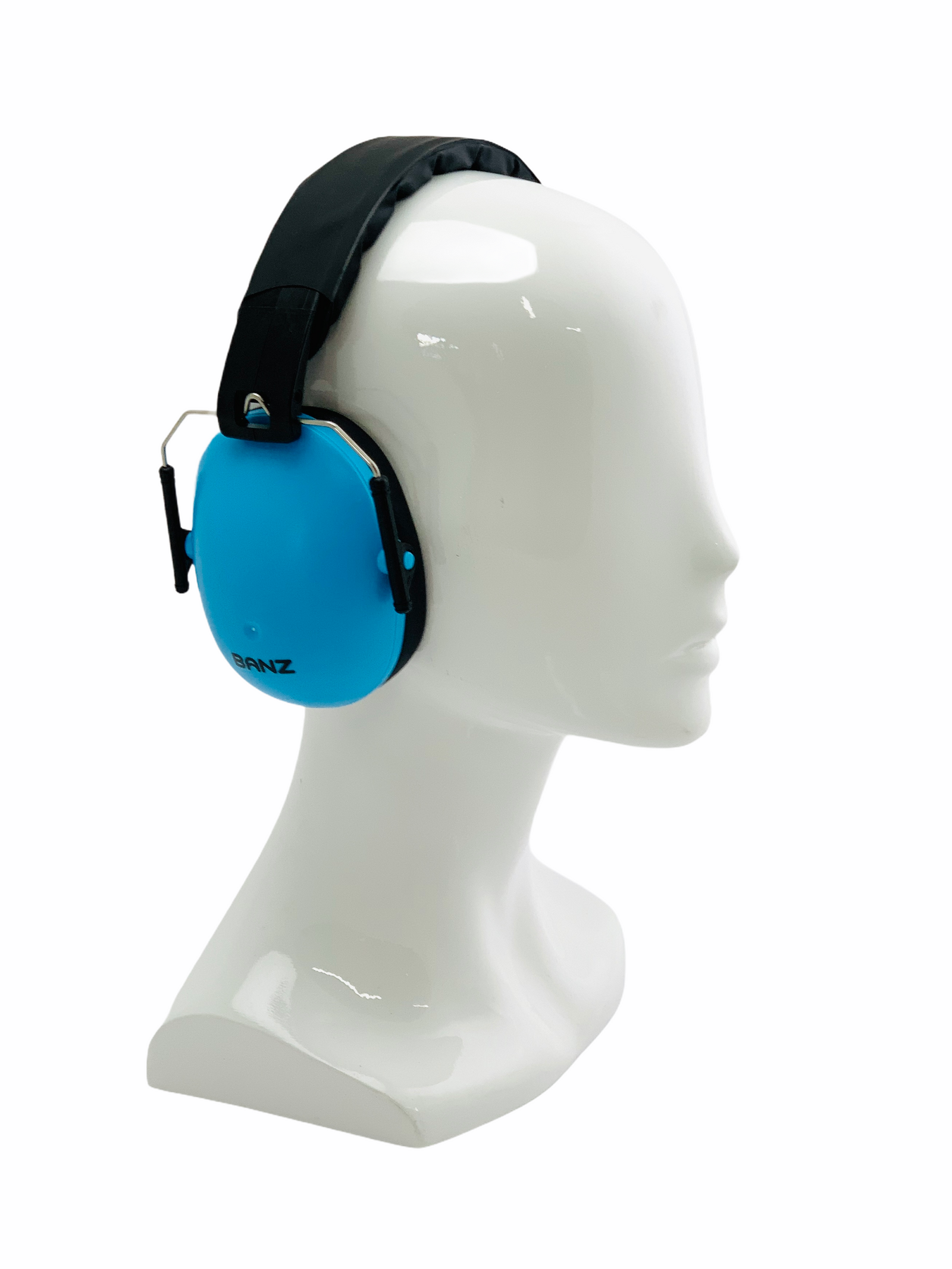 Banz Kids Earmuffs - Blue displayed on manakin head on white background
