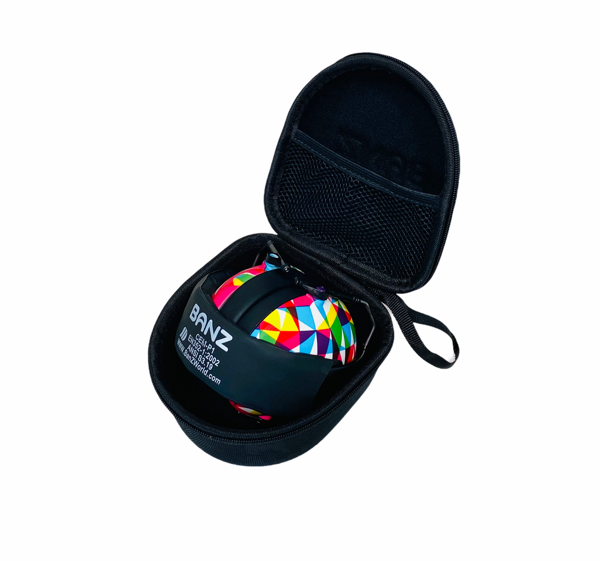 Banz Kids Earmuffs ZeeCase open on white background with coloured ear defenders inside