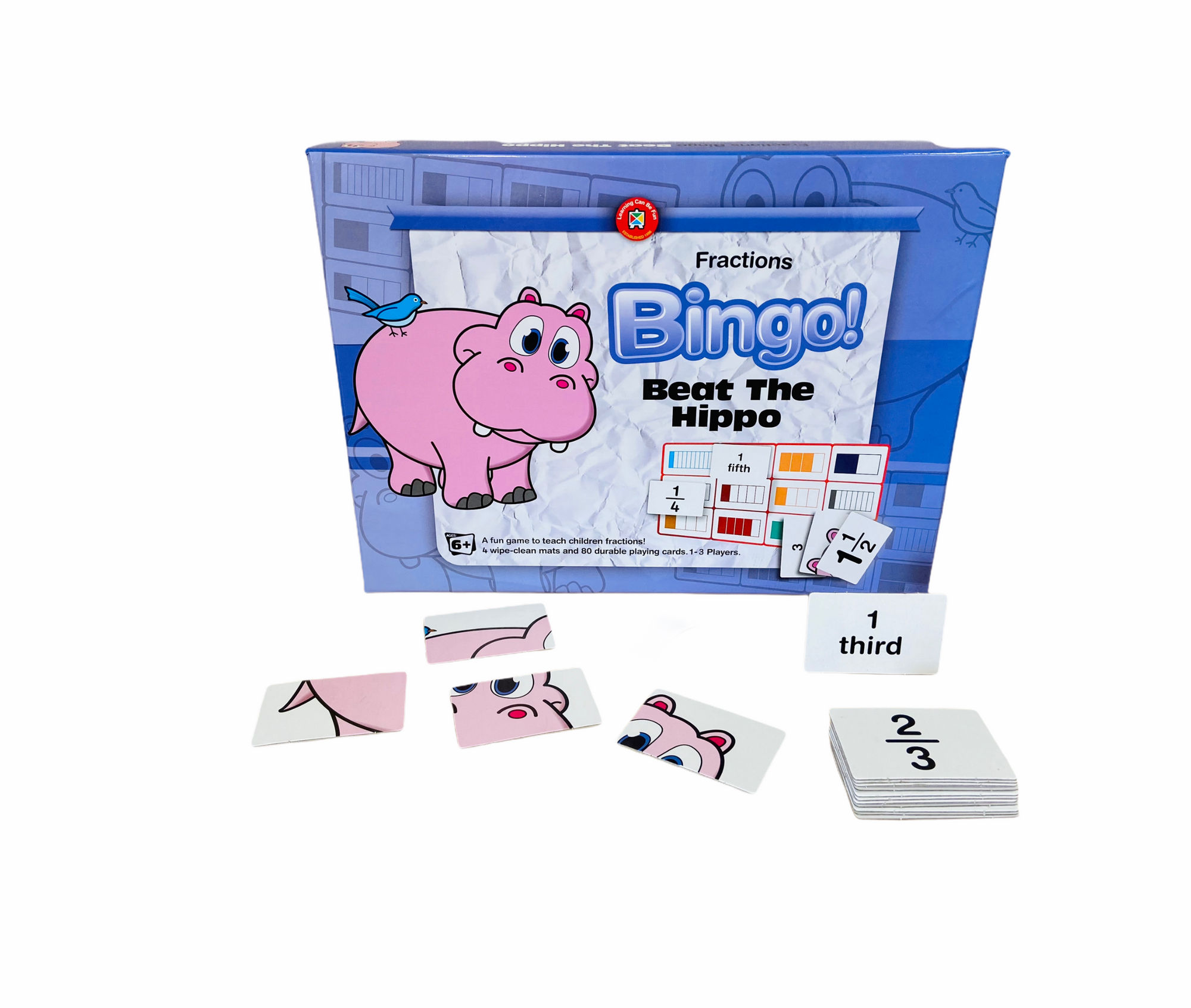 Beat the Hippo Bingo! - Fractions box and cards in front