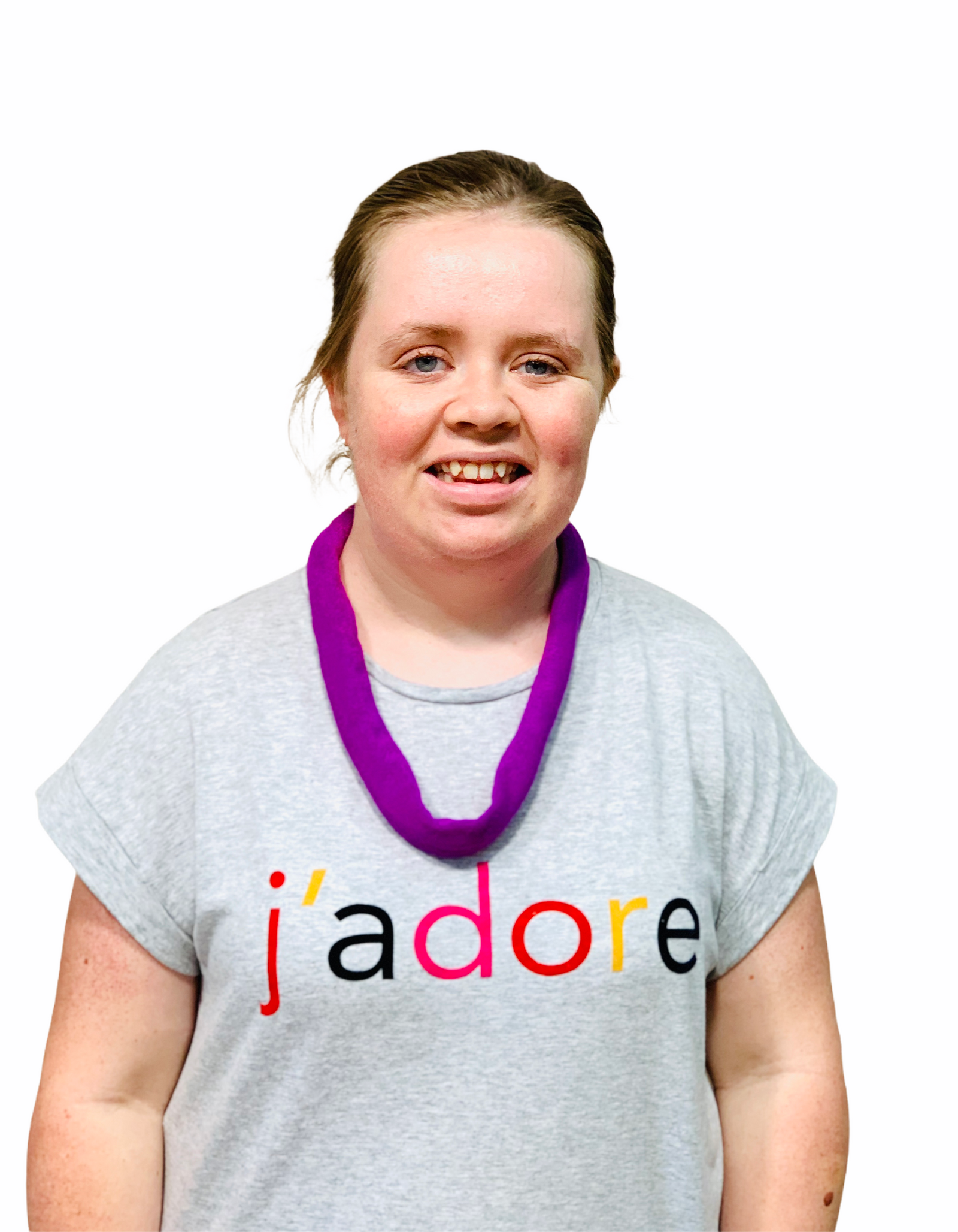 Girl wearing purple Fabric Chew Bite Band on white background
