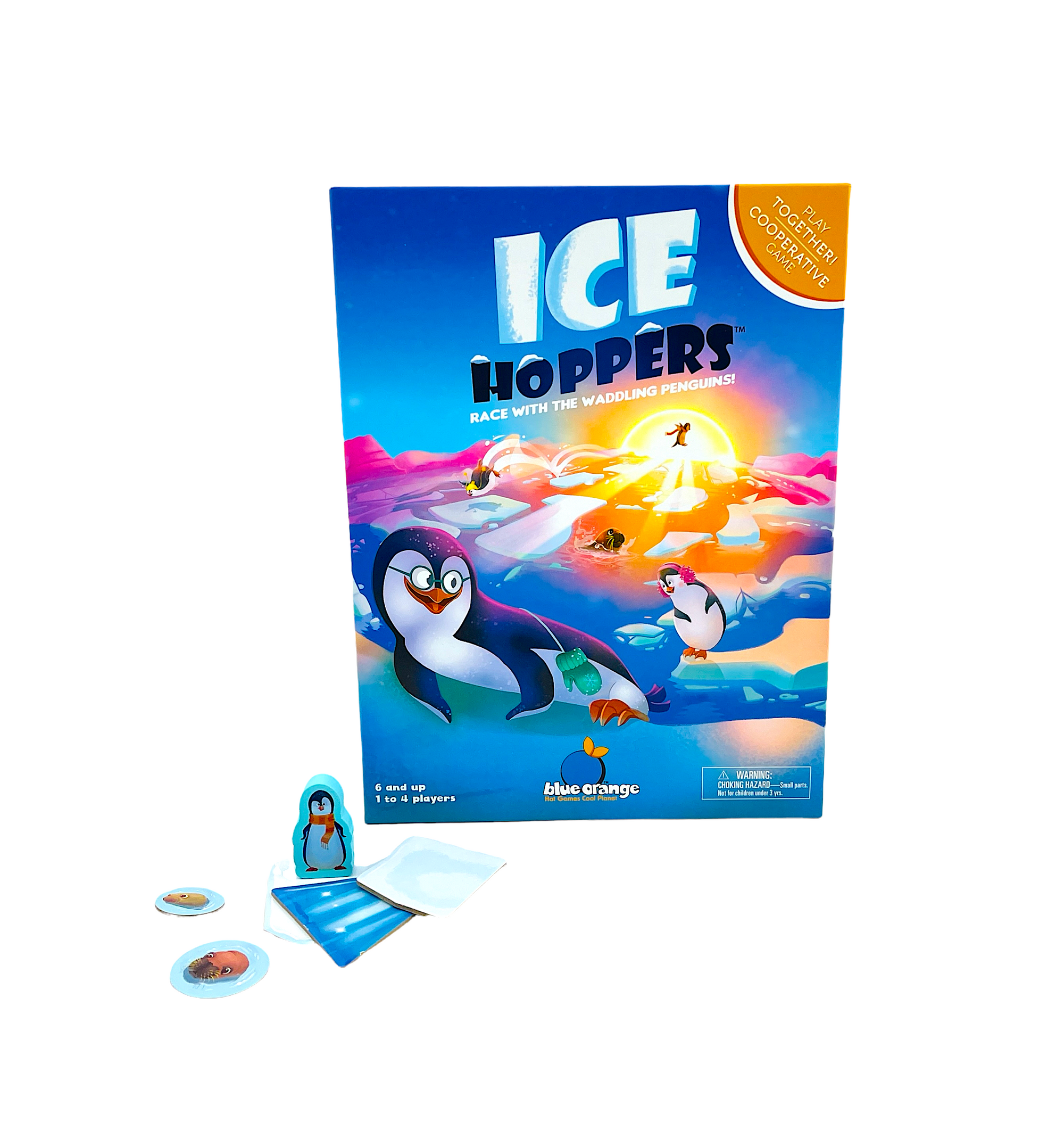 the Blue Orange Ice Hoppers box with 3 pieces from the game in front of the box