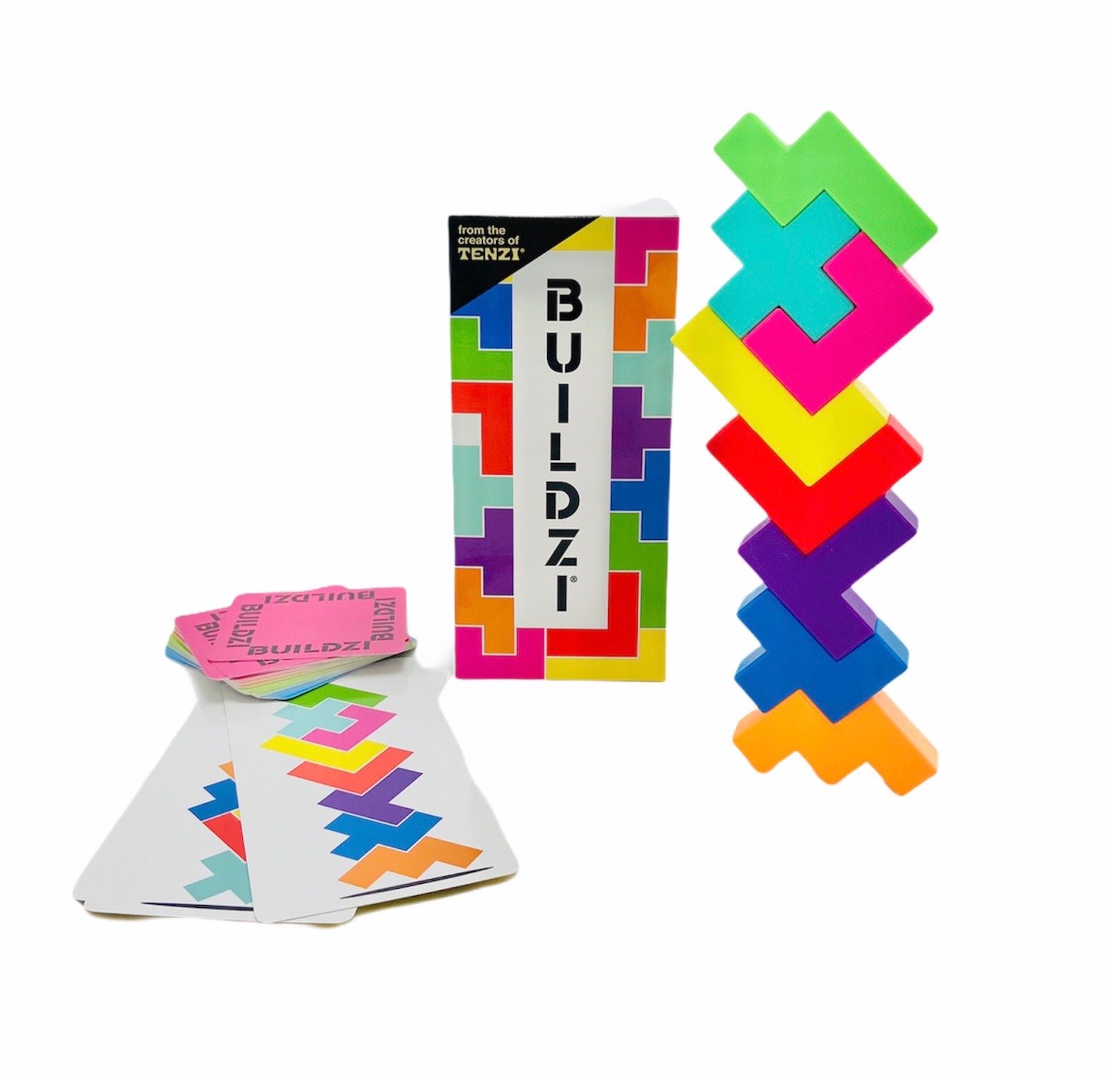 Buildzi game pieces and coloured blocks laid out in front of packaging on white background