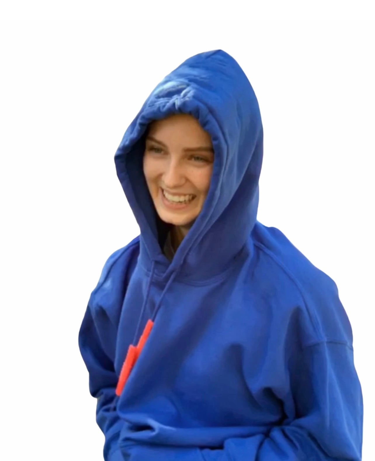 a woman wearing the Chubuddy Cord Zilla - Red attached to her blue hoodie