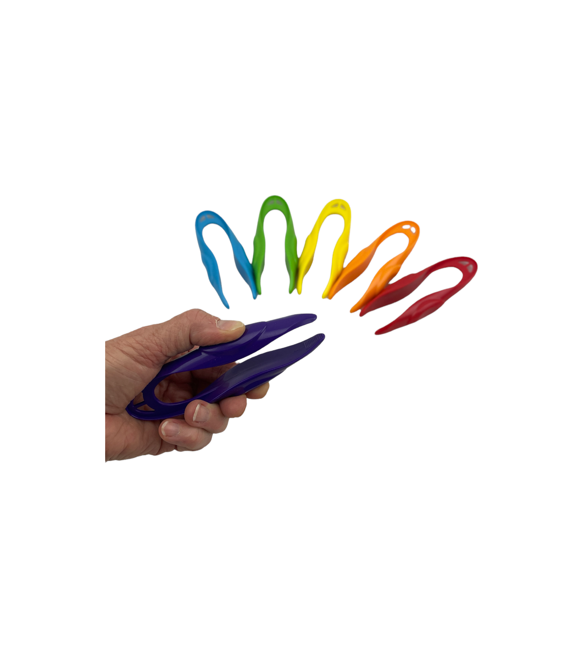 Chunky Kids-Safe Tweezers with hand holding purple set on white background