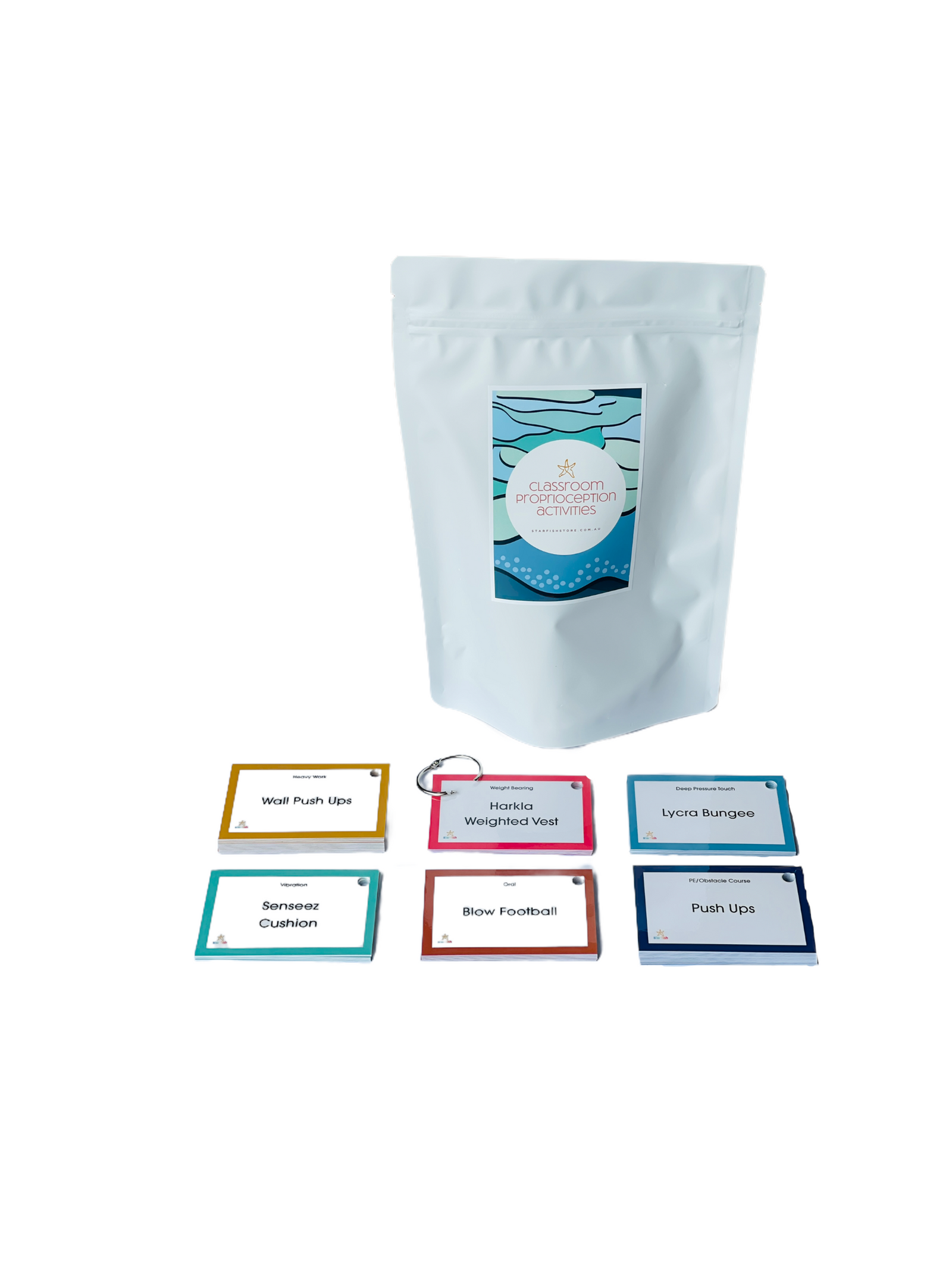 the Classroom Proprioceptive Activities Cards on display with 6 cards in front of bag