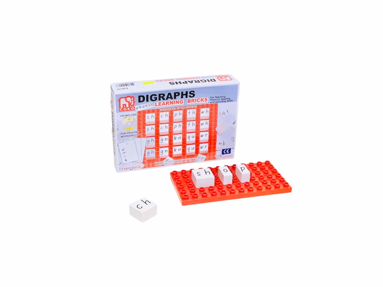 Coko Bricks Digraphs with base plate and letters on white background