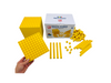 a hand holding a piece from the Coko Brick Cubes Interlocking Base Ten set in front of the rest of the Coko Brick Cubes Interlocking Base Ten set