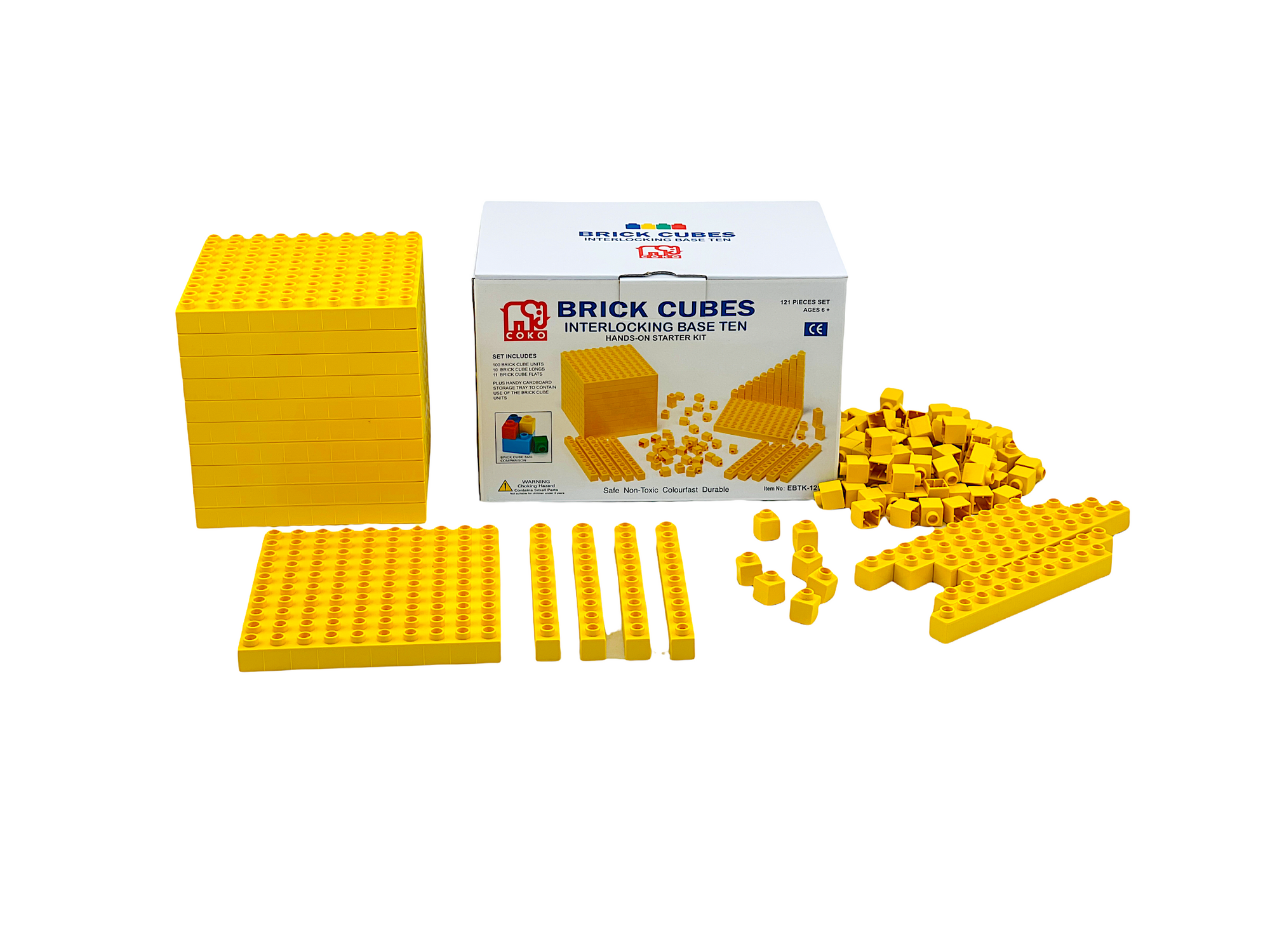 the Coko Brick Cubes Interlocking Base Ten set on display with all of the yellow pieces in front of the white box