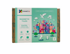 Connetix Magnetic Tiles - Creative/Pastel/120pcs packaging box showing a construction of a castle on a green background