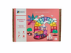 Connetix Magnetic Tiles - Mega/Pastel/202pcs showing rainbow with a training going through it on pink bckground