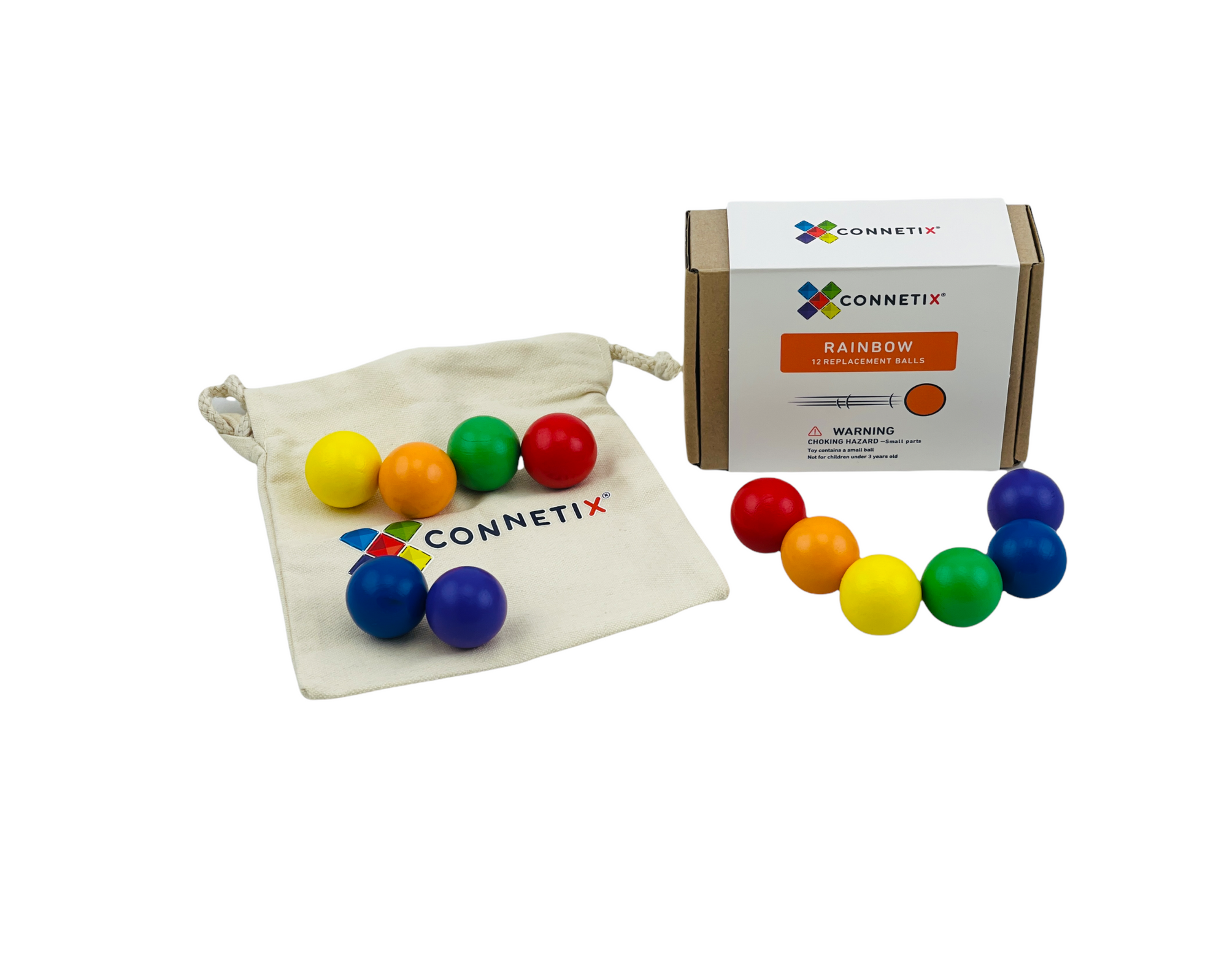Connetix Replacement Ball Pack - Rainbow on display with 16 rainbow balls and white back in front of box