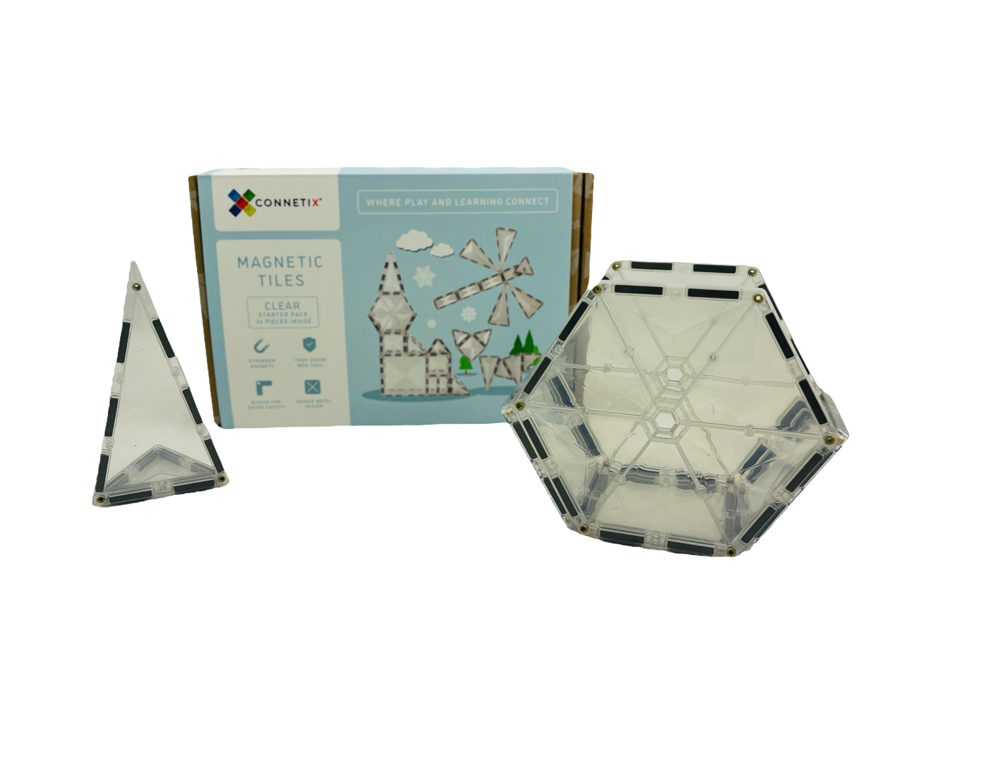 Connetix Tiles - Starter Clear 34pc made into two structures and placed in front of packaging box on white background