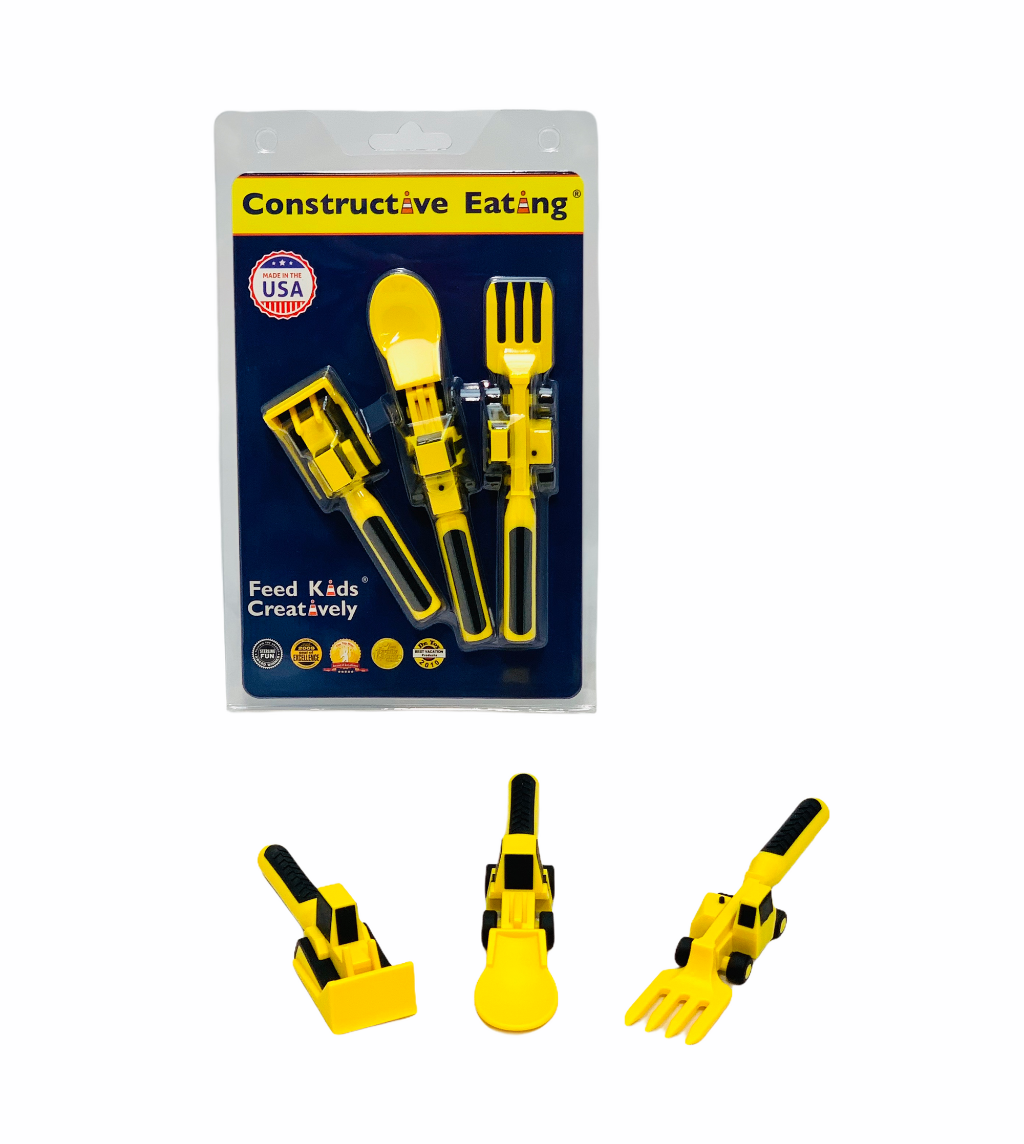 Constructive Eating Cutlery - Construction set with knife form and spoon in front of packaging