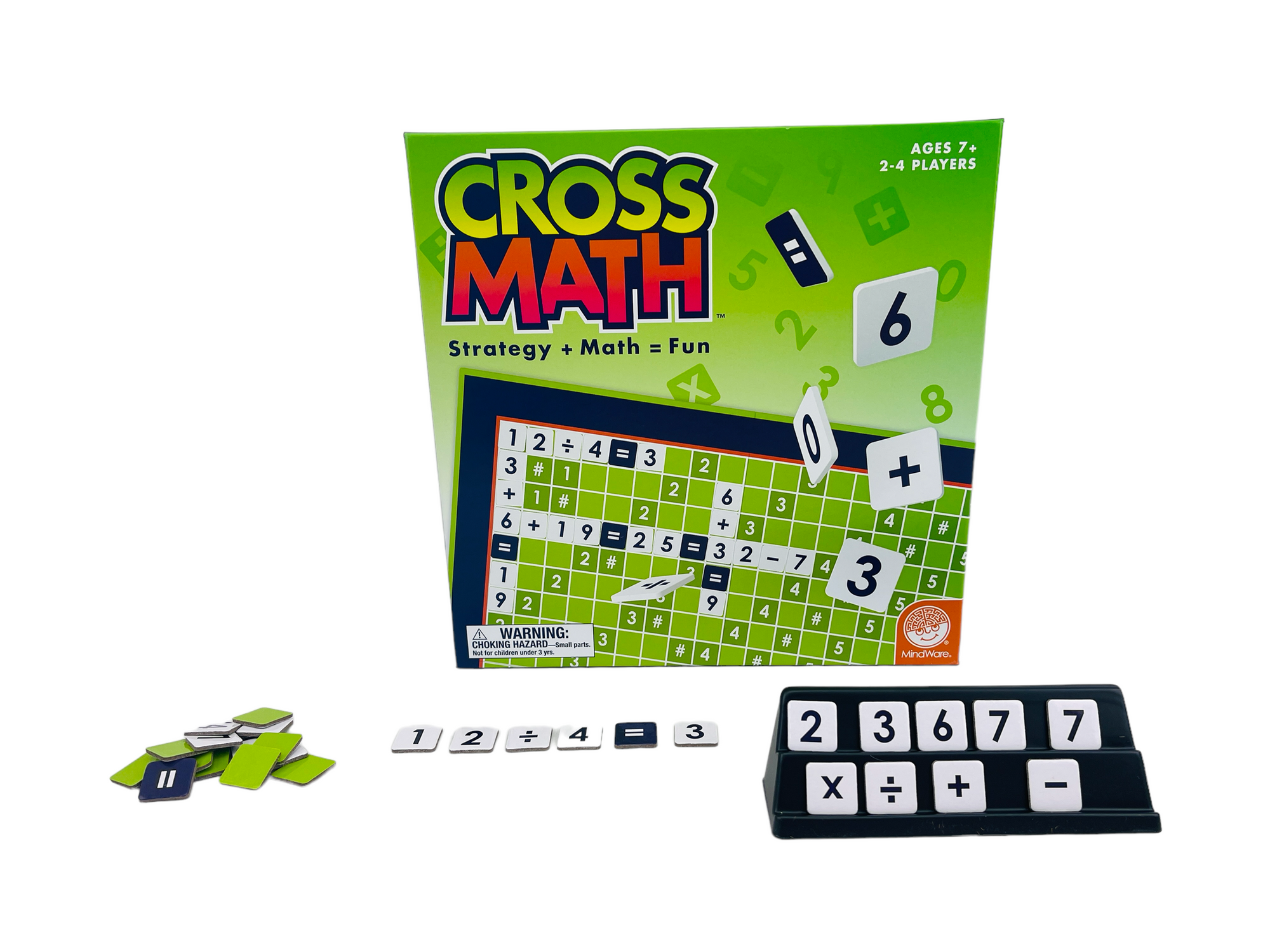 the Mindware CrossMath on display with the pieces sitting in front of the box