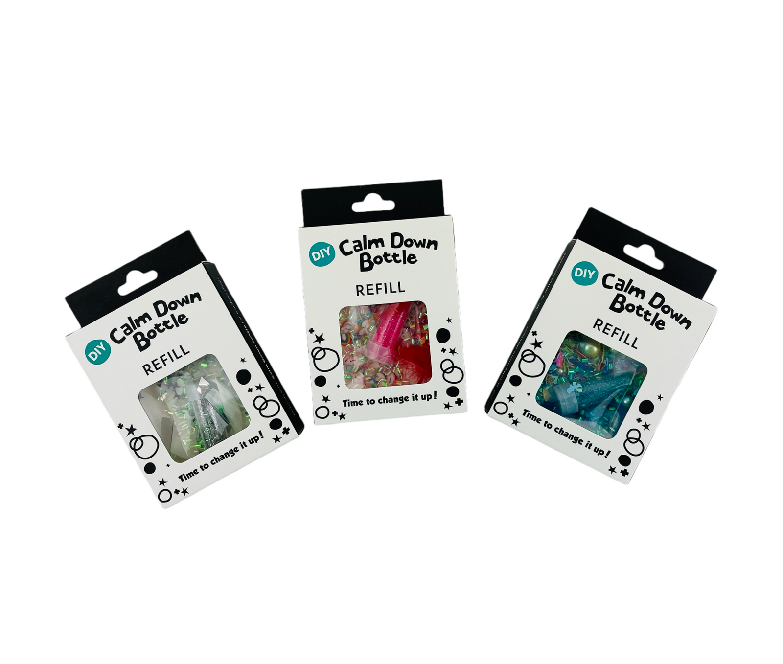 the 3 colours from the DIY Calm Down Bottle - Refill