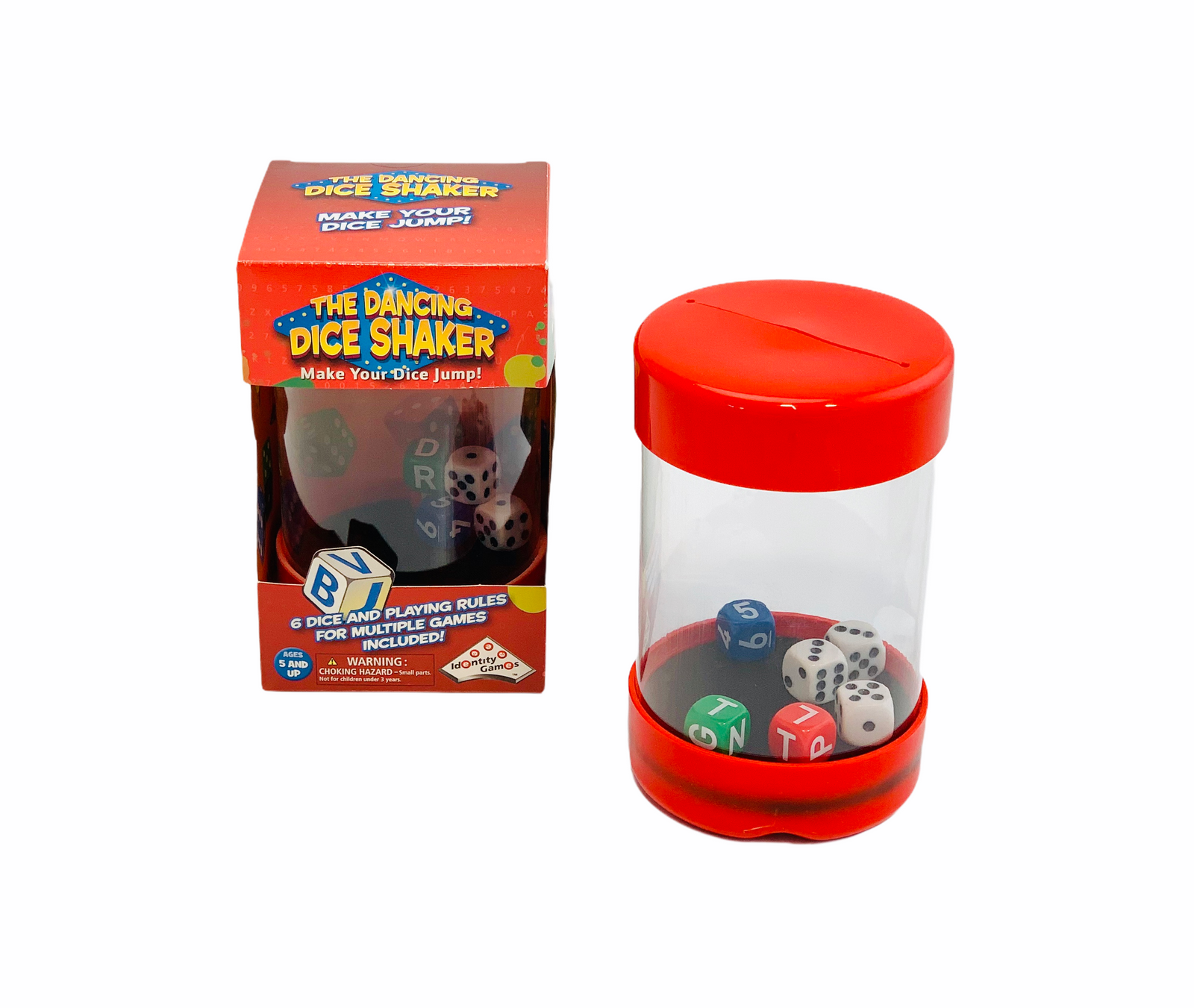 The Dancing Dice Shaker in front of box
