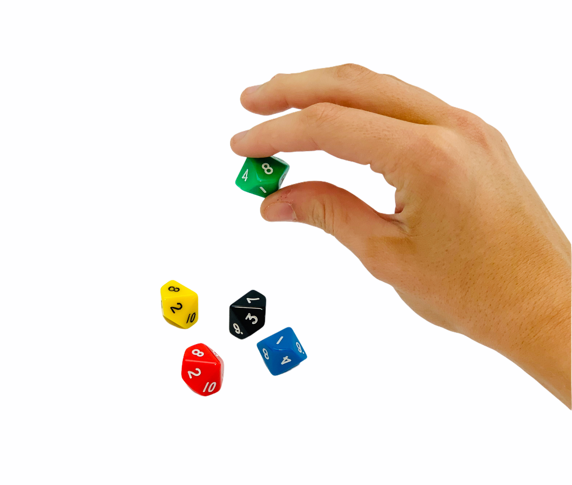 Numeral Dice 1-10 laid out on white back ground with hand holding the green dice