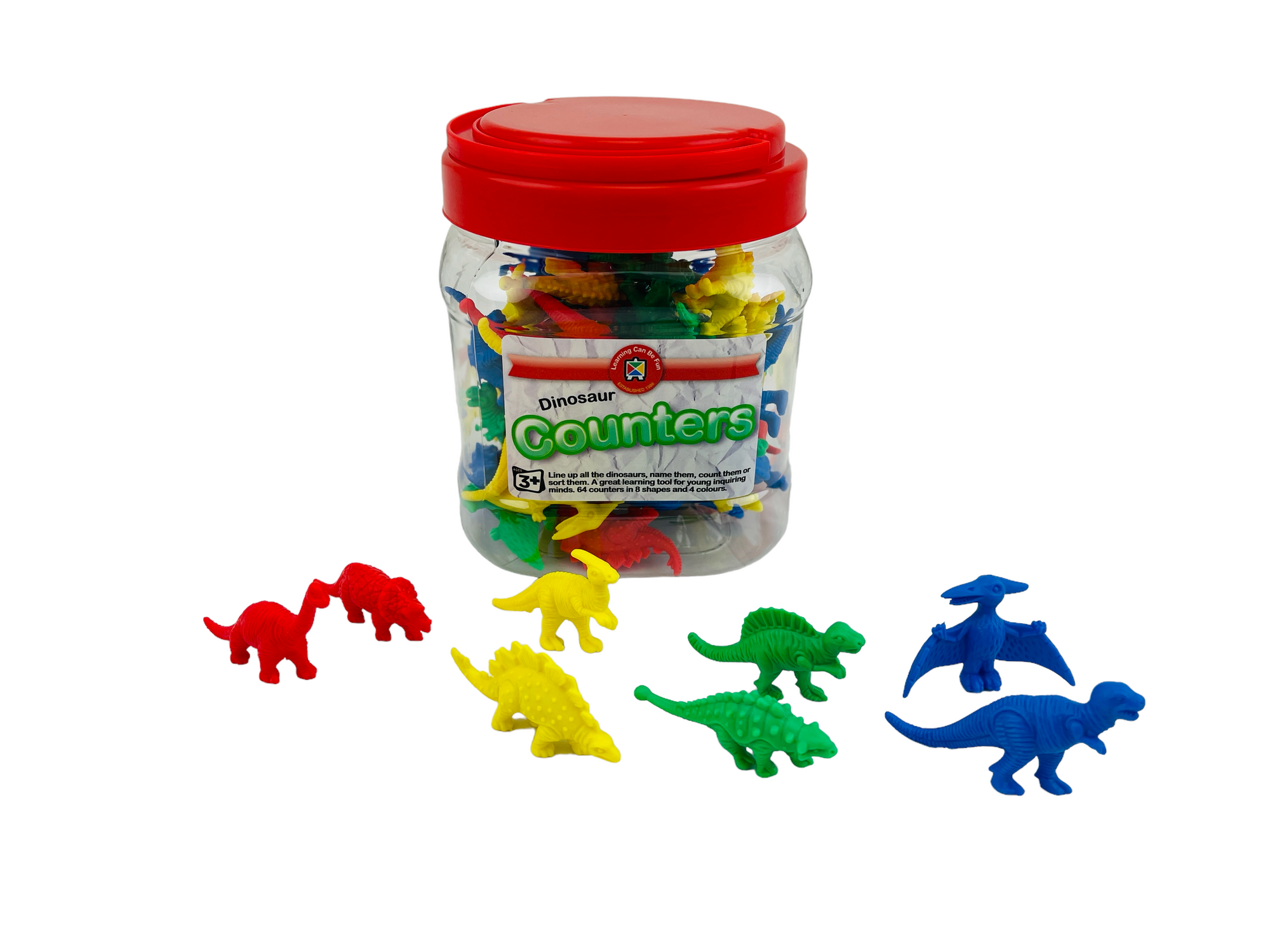 Dinosaur Counters 64 Pk on display with 8 dinosaurs in front of the tub