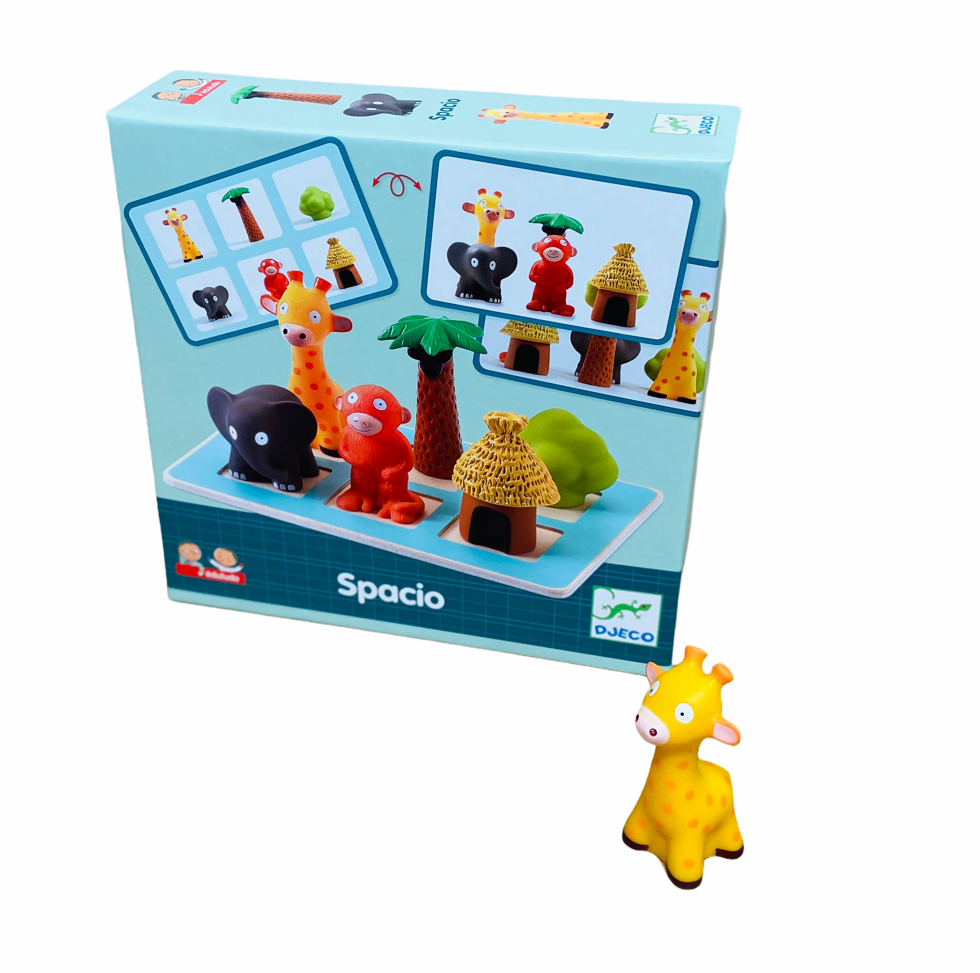 Djeco Spacio game packaging box with giraffe figure in front of it on white background 