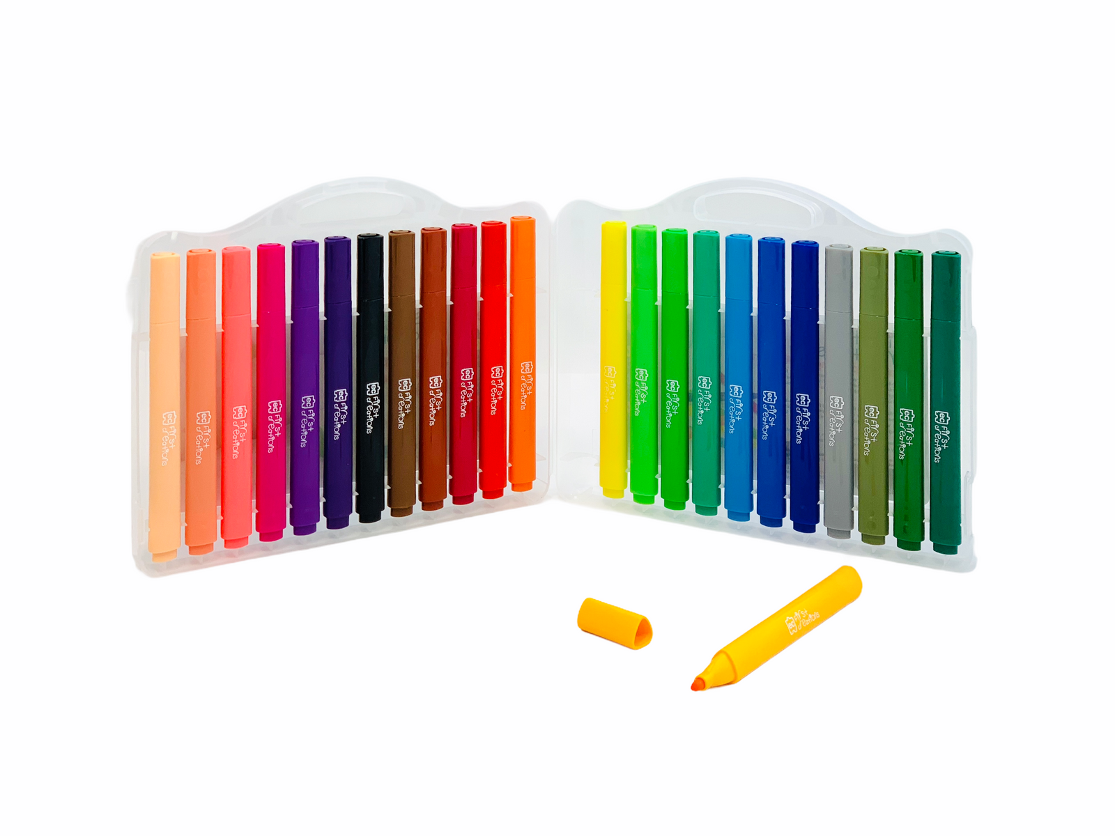 Easi-Grip Triangular Markers displayed in storage container with yellow marker laid out in front with lid off