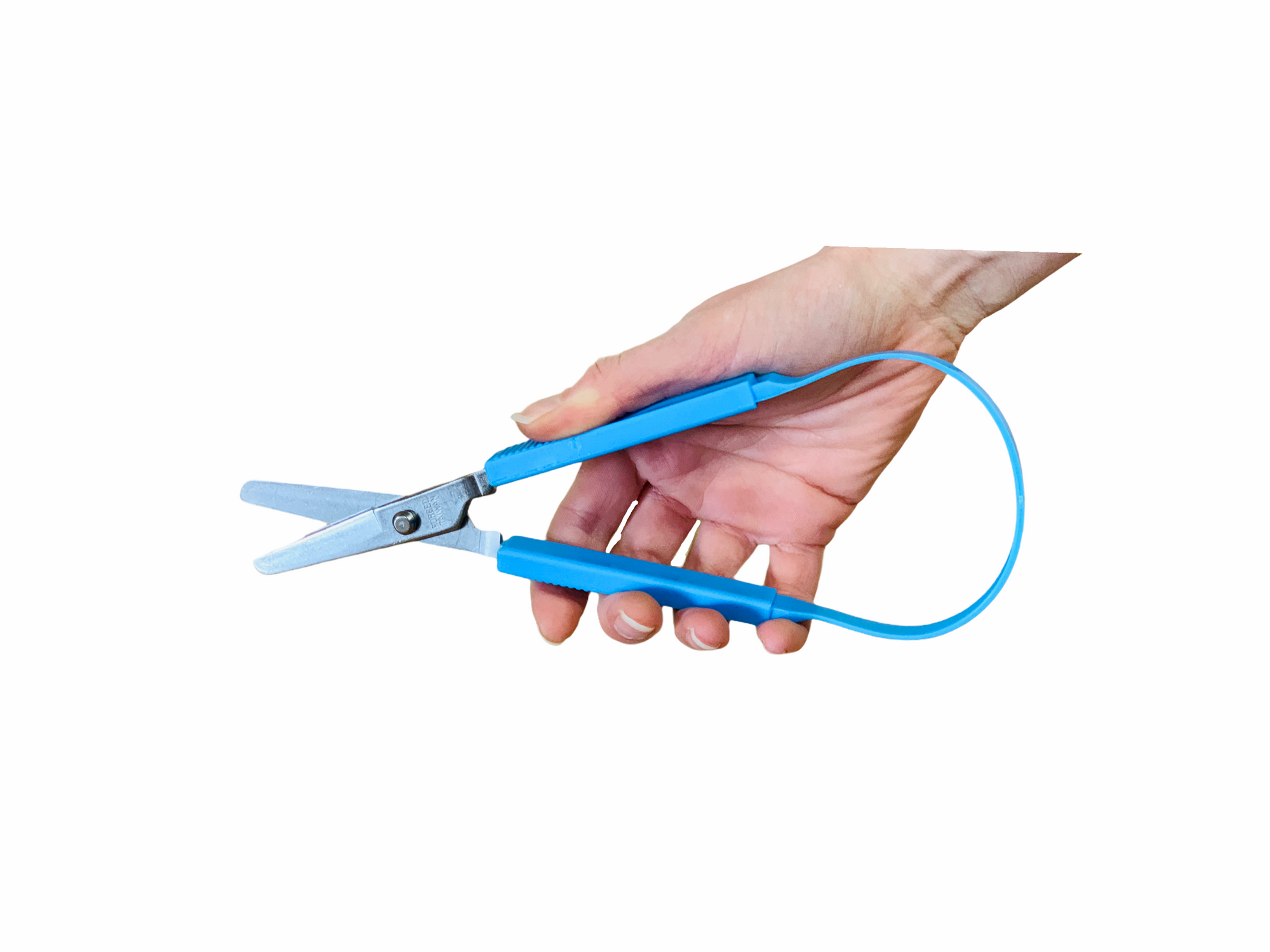 Blue Easy Hold Scissors with hand holding them on white background