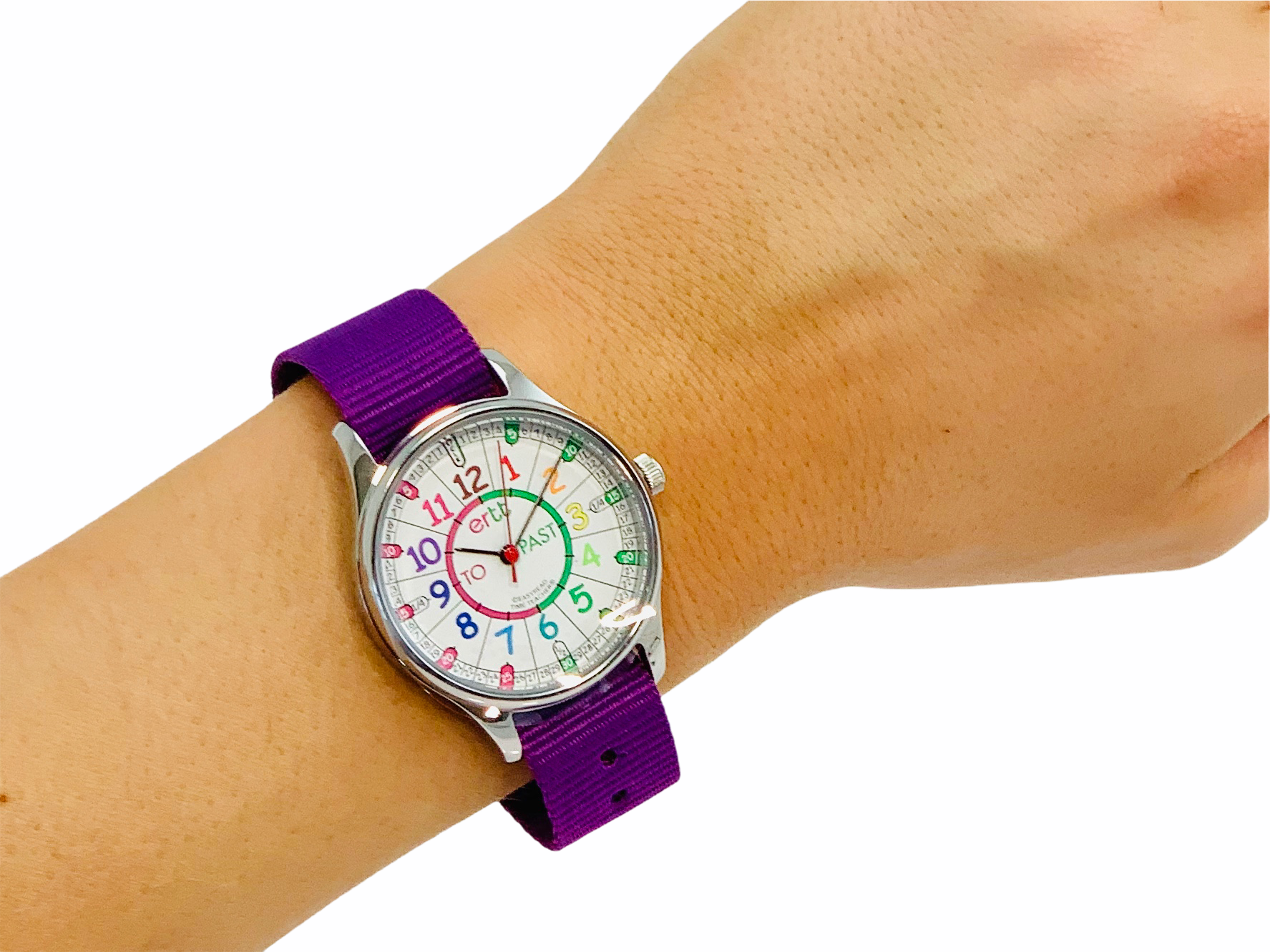 Hand wearing Easy Read Watch Rainbow with Purple strap on white background